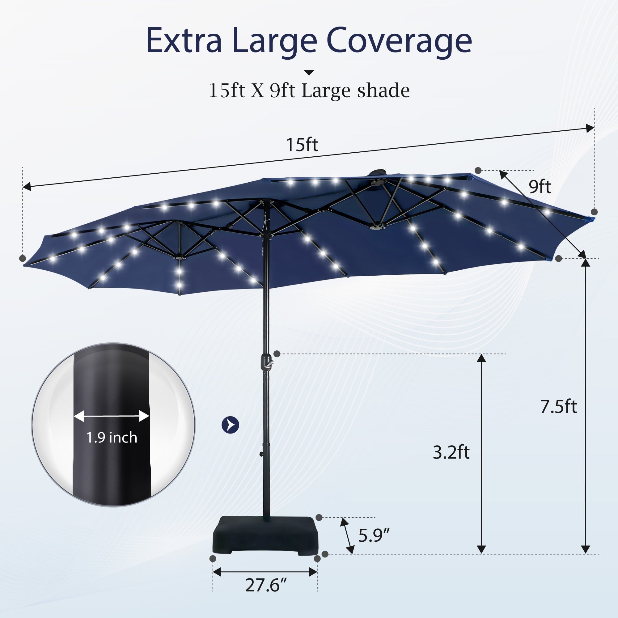 Alpha Joy 15ft Extra Large Outdoor Patio Double-Sided Umbrella with LED Solar Lights & Umbrella Base, Beige