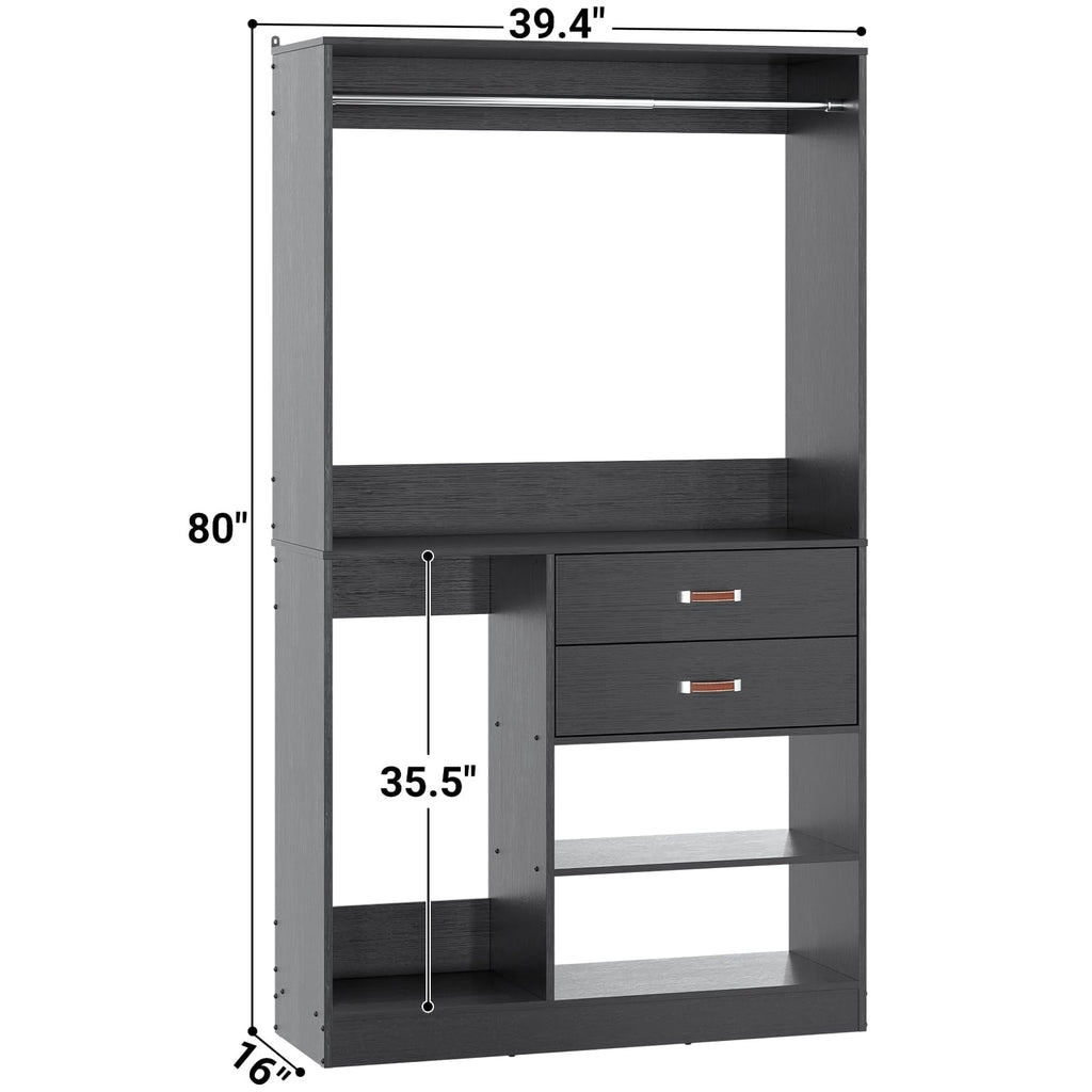 Homieasy Freestanding Closet System with Suitcase Storage, 40'' Closet Organizer System with 2 Wood Drawers and Hanging Rod, White