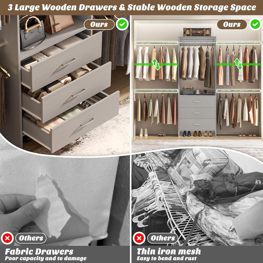 Homieasy Closet System, Closet Organizer with 3 Wooden Drawers, Walk-in Closet Wardrobe Clothes Rack with 4 Hanging Rods, Garment Rack, White