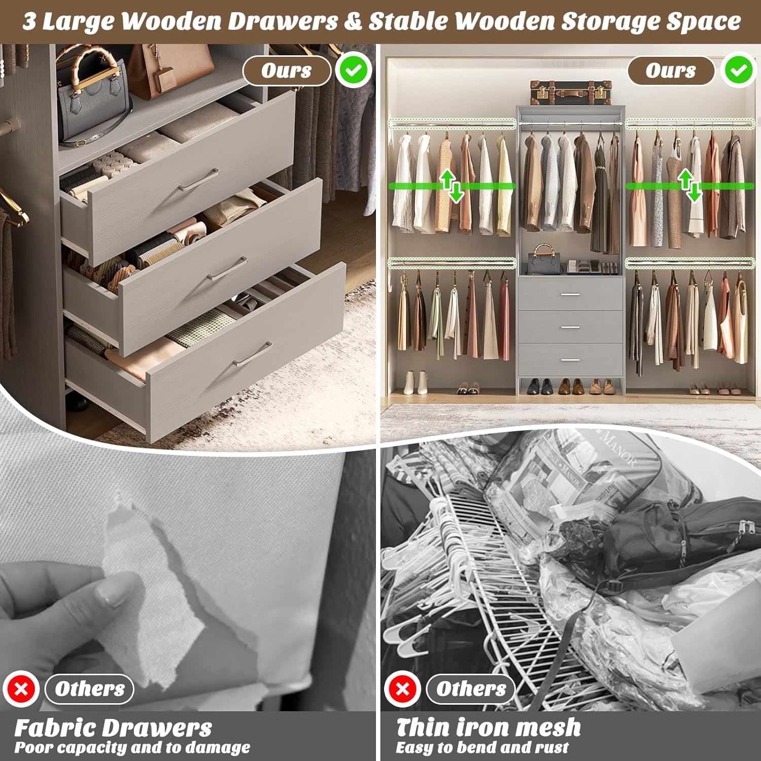 Homieasy Closet System, Closet Organizer with 3 Wooden Drawers, Walk-in Closet Wardrobe Clothes Rack with 4 Hanging Rods, Garment Rack, White
