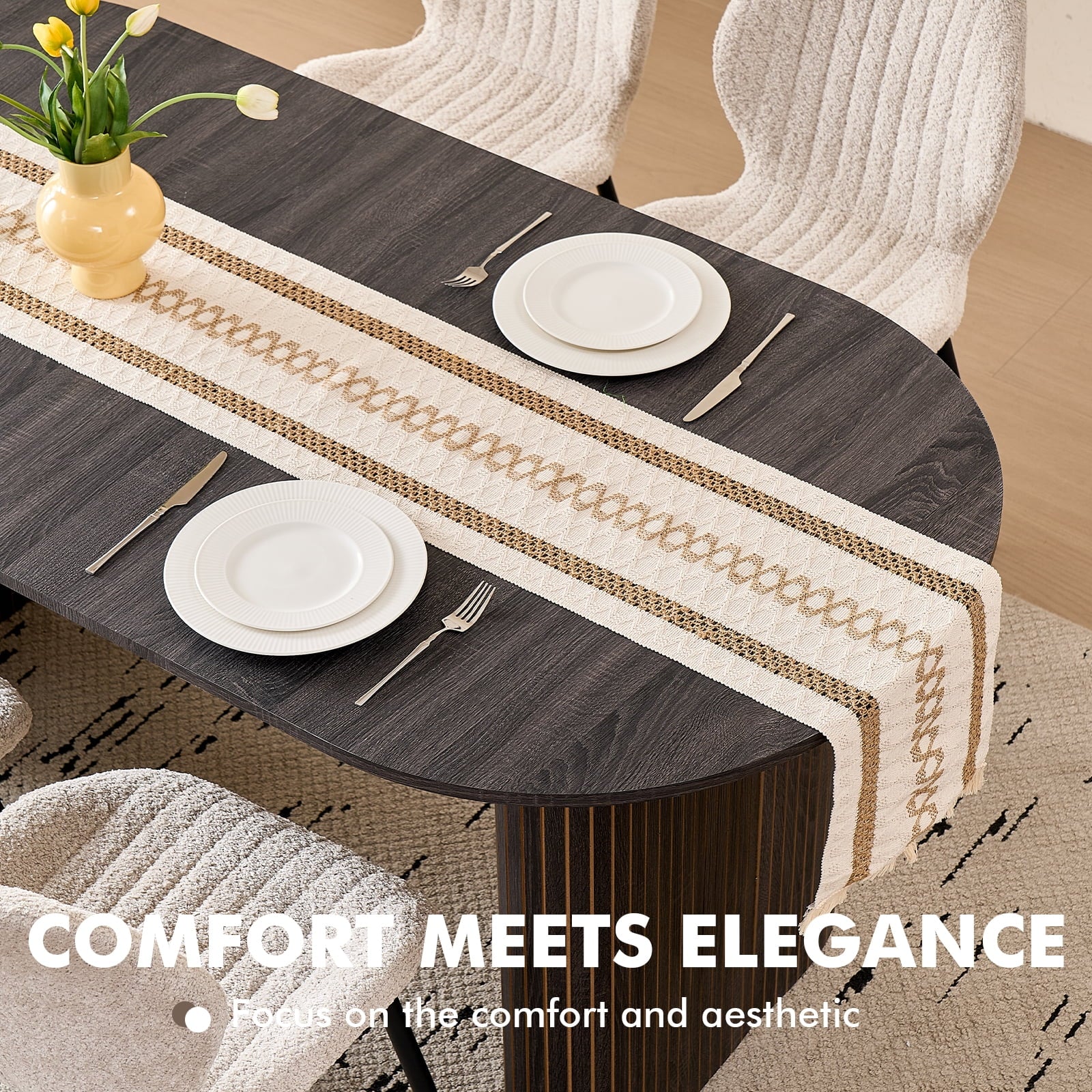 71 Natural Large Dining Table Set for 4 Modern Kitchen Table with Beige Boucle Upholstered Kitchen Chairs Set of 4