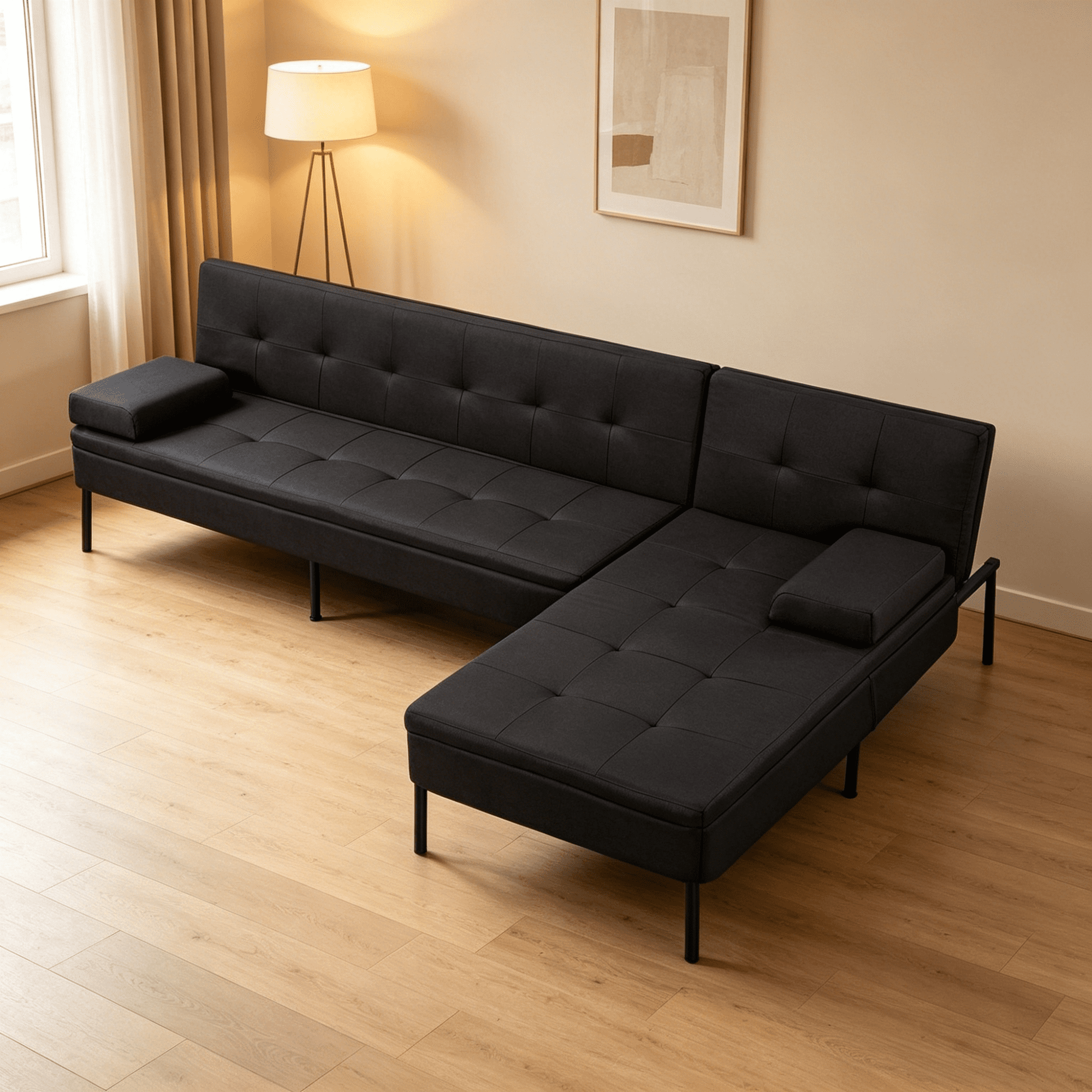 Gewnee 89.4”Convertible Sectional Sofa,L-Shaped Couch with Reversible Chaise,5-Position Adjustable Backrest,Modern Futon Sleeper for Small Spaces Living Room Apartment Office,Black Iron Frame