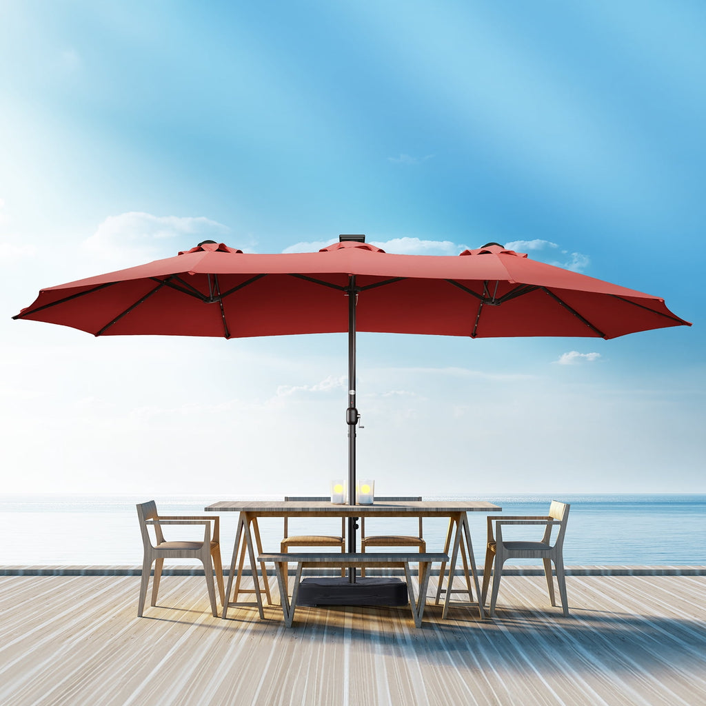 Patbrela 15ft Patio Umbrella with Light and Base, Double Sided  Large Rectangular Outdoor Umbrella with Crank Handle, for Garden, Yard, Poolside and Outdoor Activities, Gray