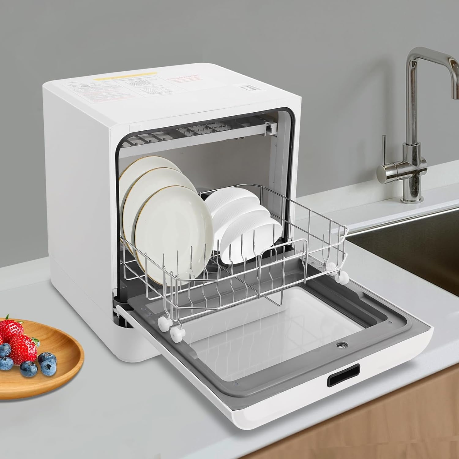 FOGGBET Countertop Dishwasher 800W White Compact Dishwashers with 4 Washing Programs, 360-Degree Spraying Wash Kitchen Mini Dishwasher with Air-Dry Function White