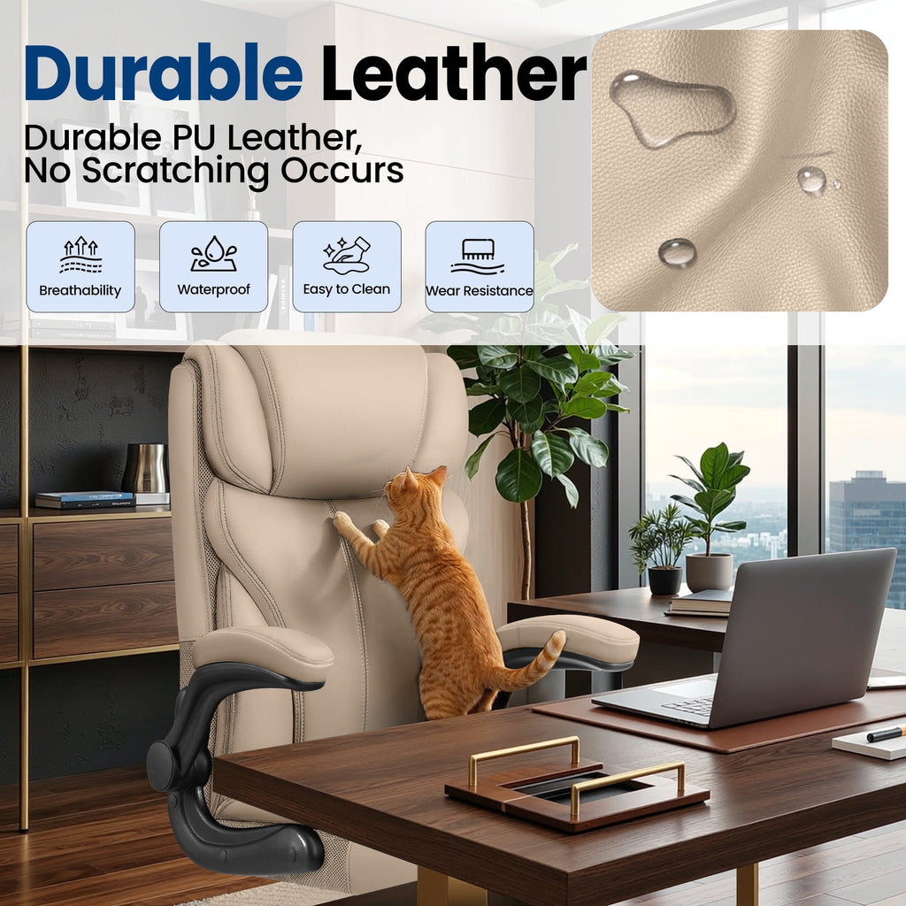 STACOO High Back Executive Office Chair 400lbs, Big and Tall Ergonomic Desk Chair with Lumbar Support & Flip-up Armrests, PU Leather Swivel Chair with Adjustable Height – Brown