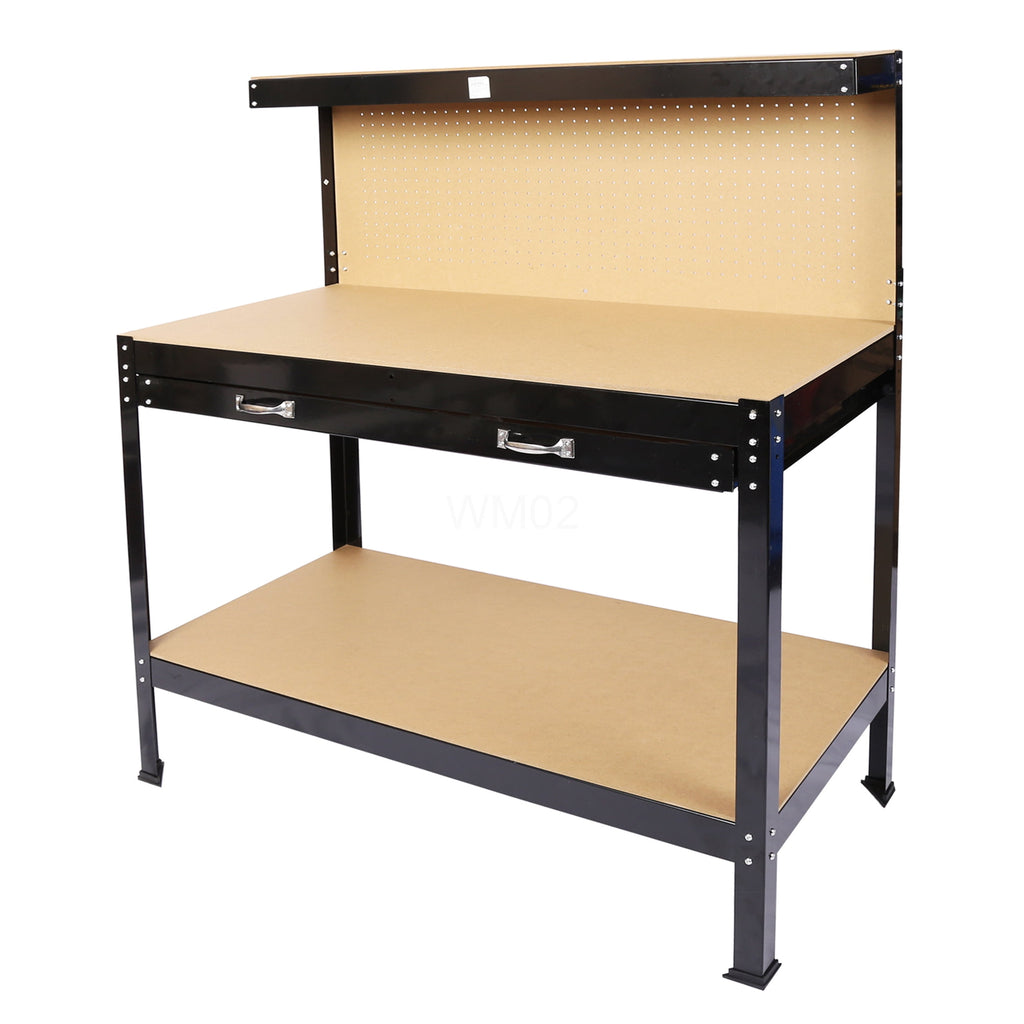 Heavy-Duty Black Workbench with Tool Storage, 300Lbs Capacity, Steel Frame & MDF Top for Garage Workshop
