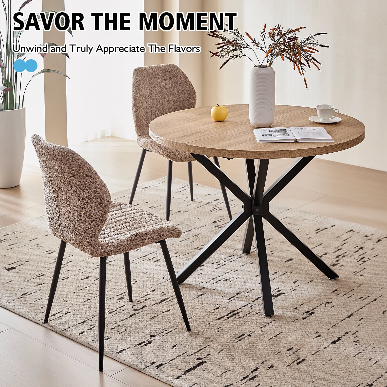 5 Piece 39 Round Dining Table Set for 4, Mid Century Kitchen Table with 4 Khaki Fabric Upholstered Dining Chairs for Apartment Living Room, Space Saving Table.