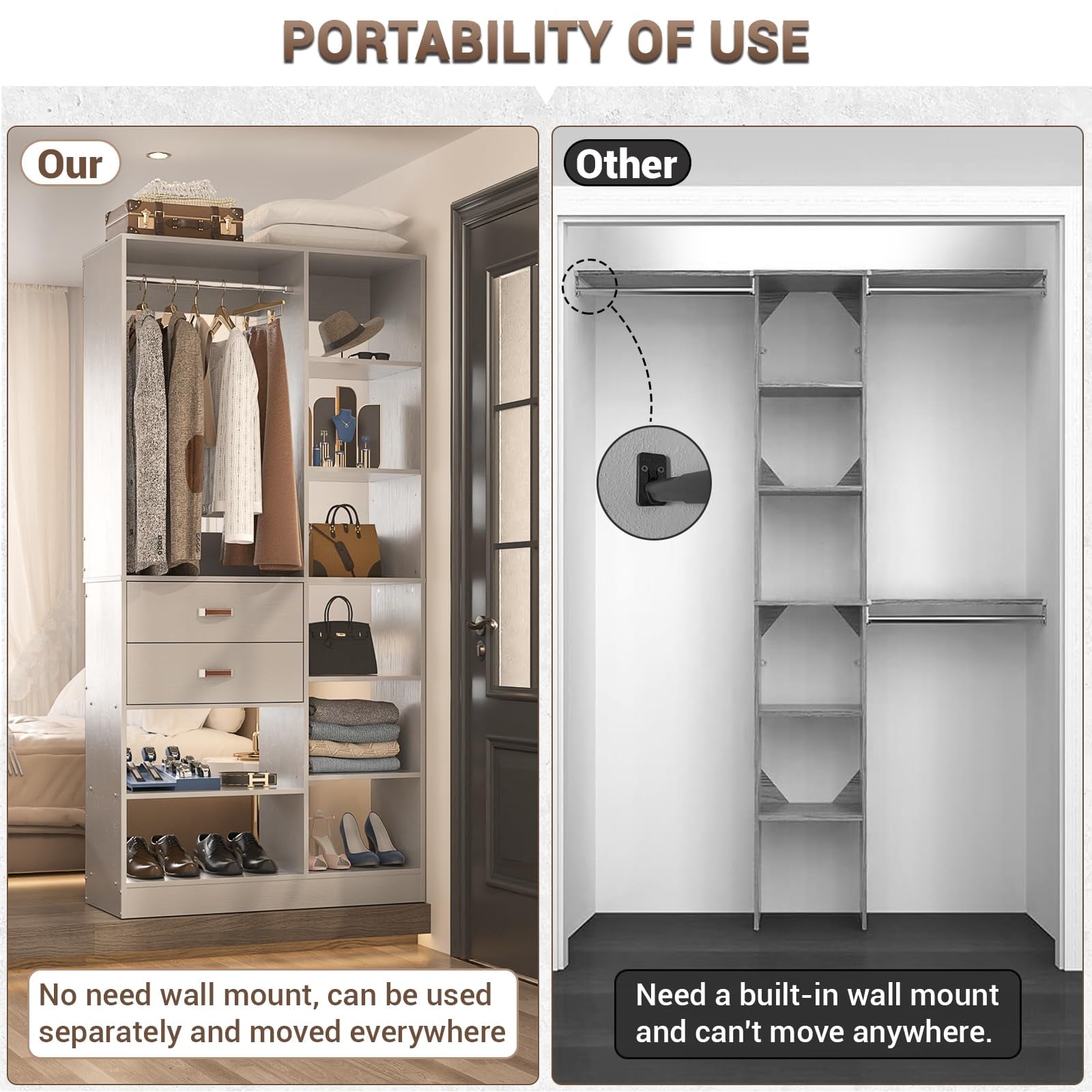 Homieasy 39.4'' W Closet System with Wooden Drawers and Hanging Rods, White