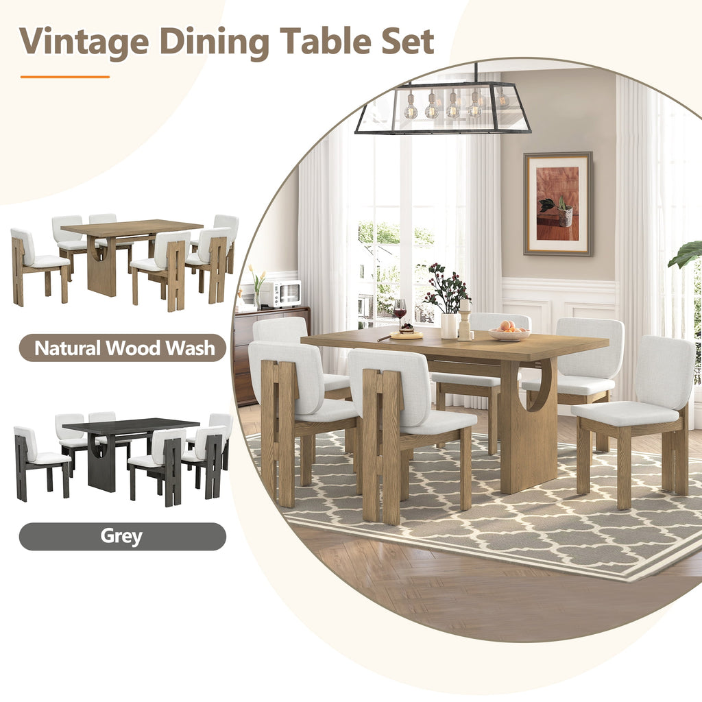 Euroco 7-Piece Dining Table Set for 6, 59 Kitchen Table Set with 6 Upholstered Chairs and Wooden Frame,Retro Dining Set for Kitchen Dining Room, Natural