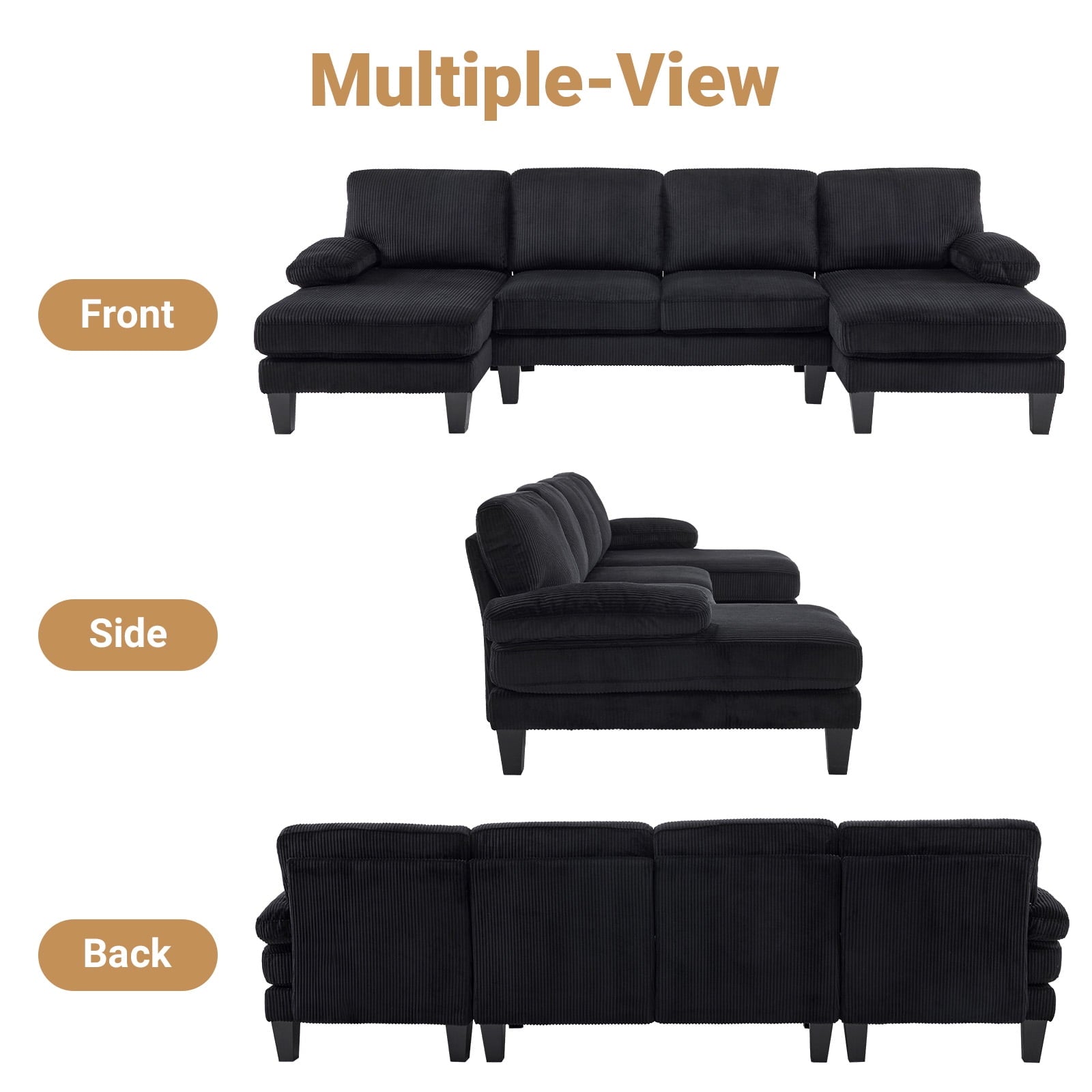 Ktaxon U-Shaped Sectional Sofa, 111  Chenille Couch, 4 Seat Lounge Sleeper with Double Chaise for Living Room Black