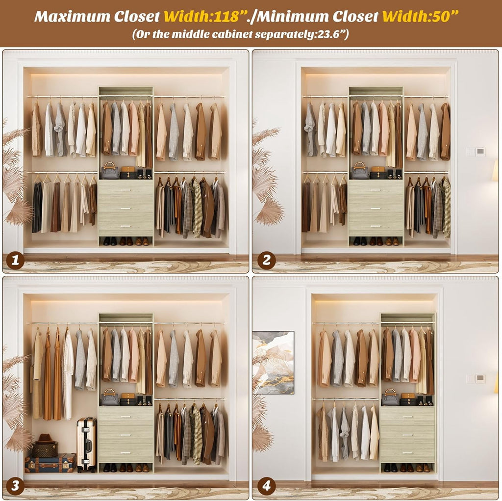 Homieasy Closet System, Closet Organizer with 3 Wooden Drawers, Walk-in Closet Wardrobe Clothes Rack with 4 Hanging Rods, Garment Rack, White