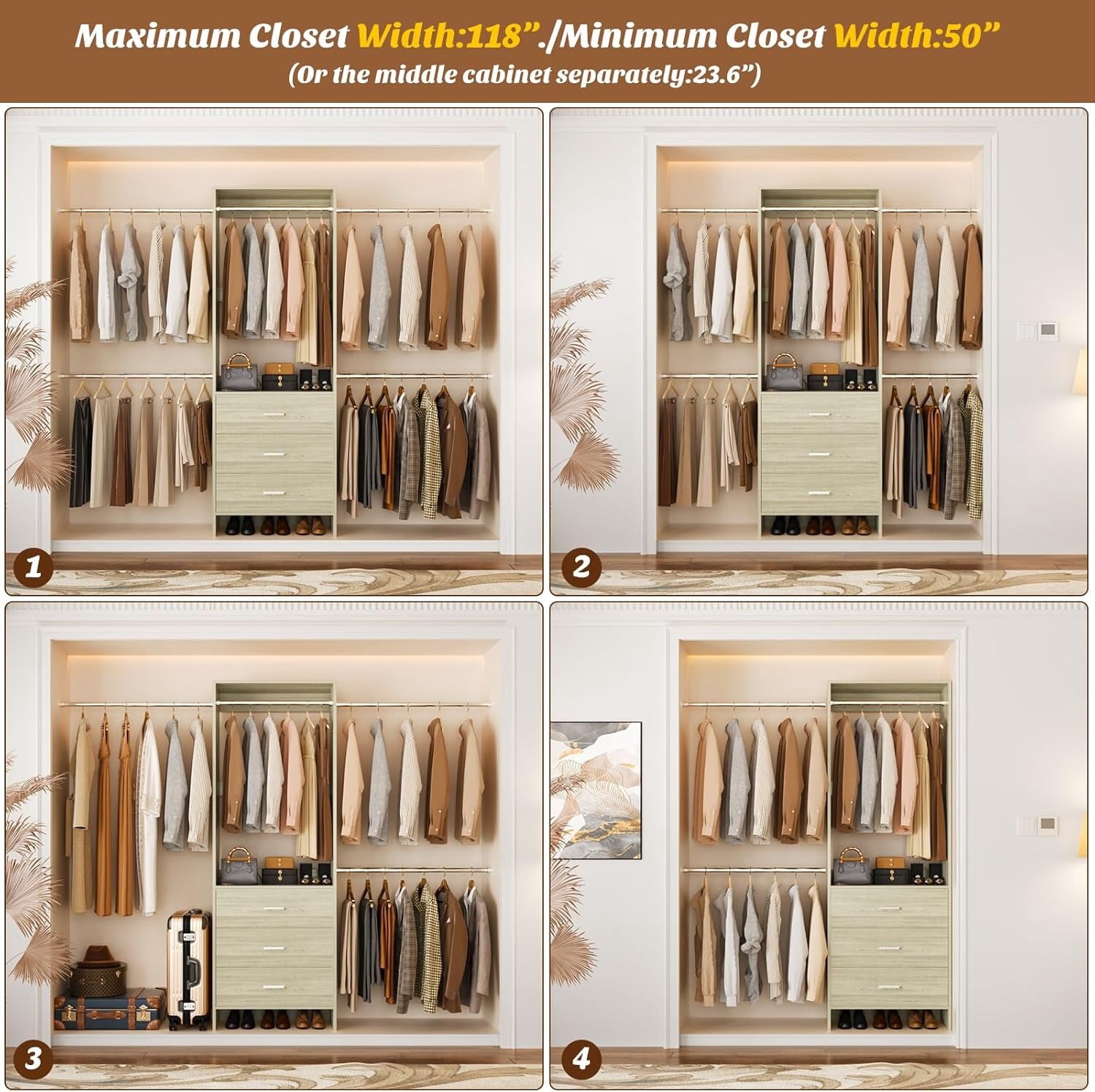 Homieasy Closet System, Closet Organizer with 3 Wooden Drawers, Walk-in Closet Wardrobe Clothes Rack with 4 Hanging Rods, Garment Rack, White