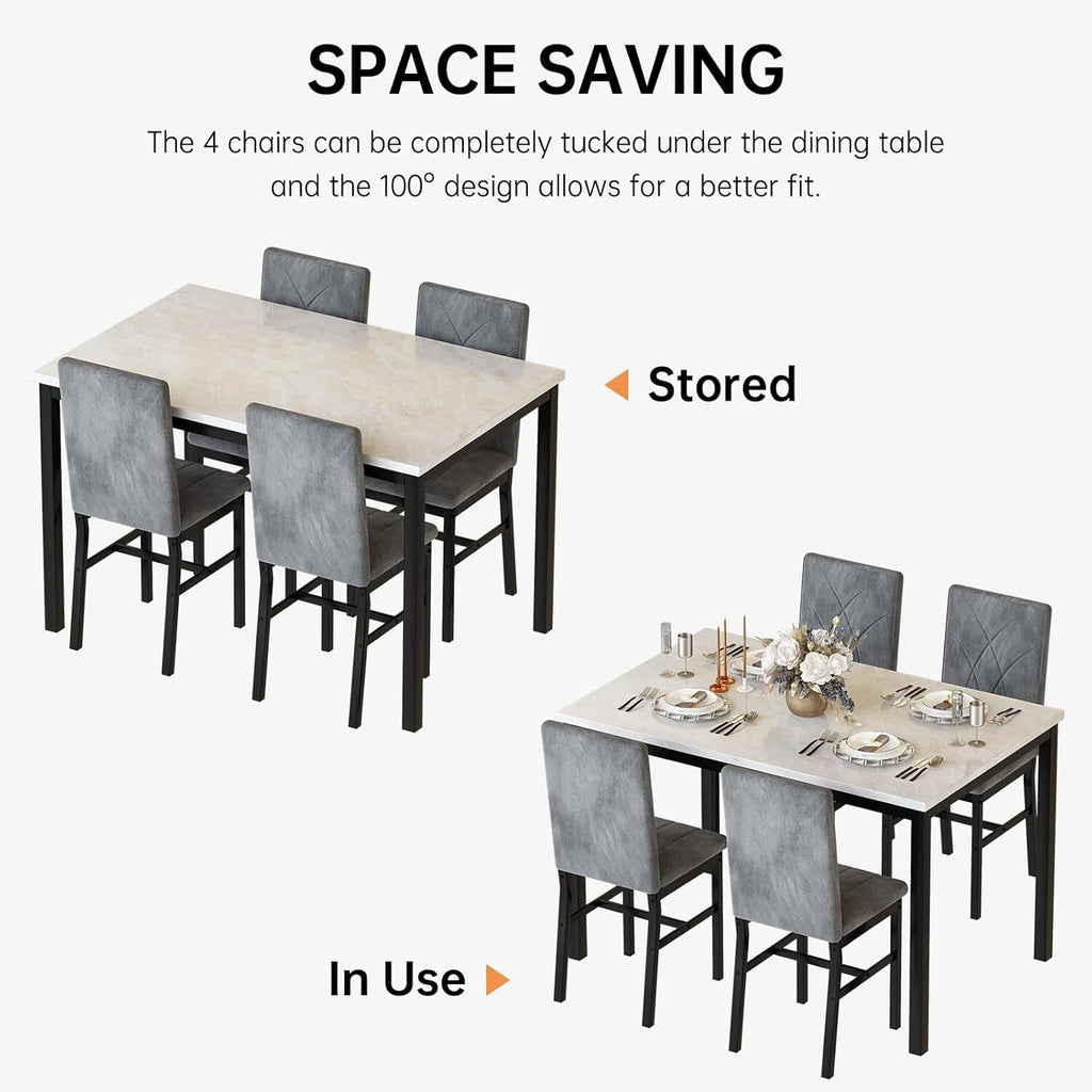 MOOSENG Dining Table Set for 4, Faux Marble Kitchen Table and Chairs Set of 4, 5-Piece Dining Room Set with PU Leather Upholstered Chairs for Small Space, Gray