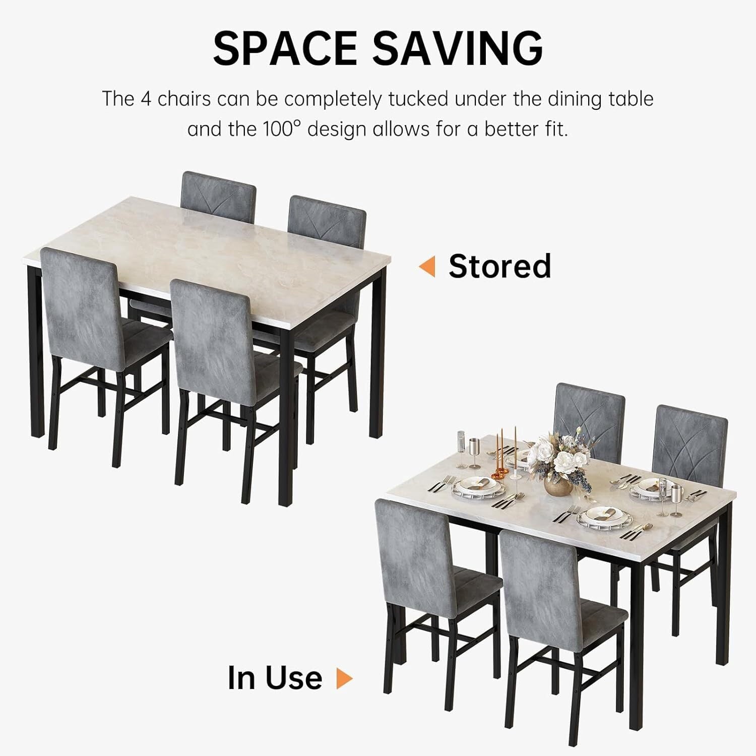MOOSENG Dining Table Set for 4, Faux Marble Kitchen Table and Chairs Set of 4, 5-Piece Dining Room Set with PU Leather Upholstered Chairs for Small Space, Gray