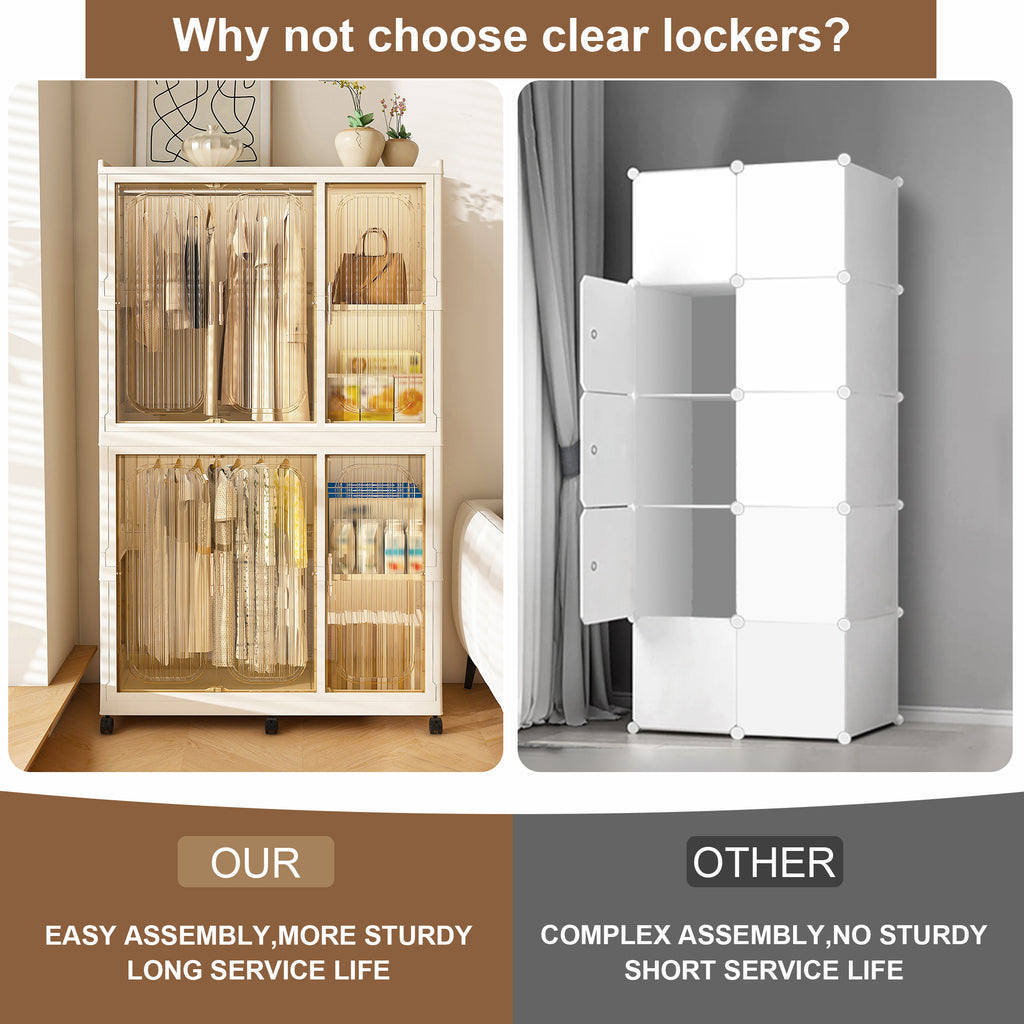 Garmic 62 Foldable Storage Wardrobe with Wheels, Portable Closet Organizer with 6 Magnetic Doors & 2 Hanging Rod, Plastic Armoire for Clothes Toys Books, White