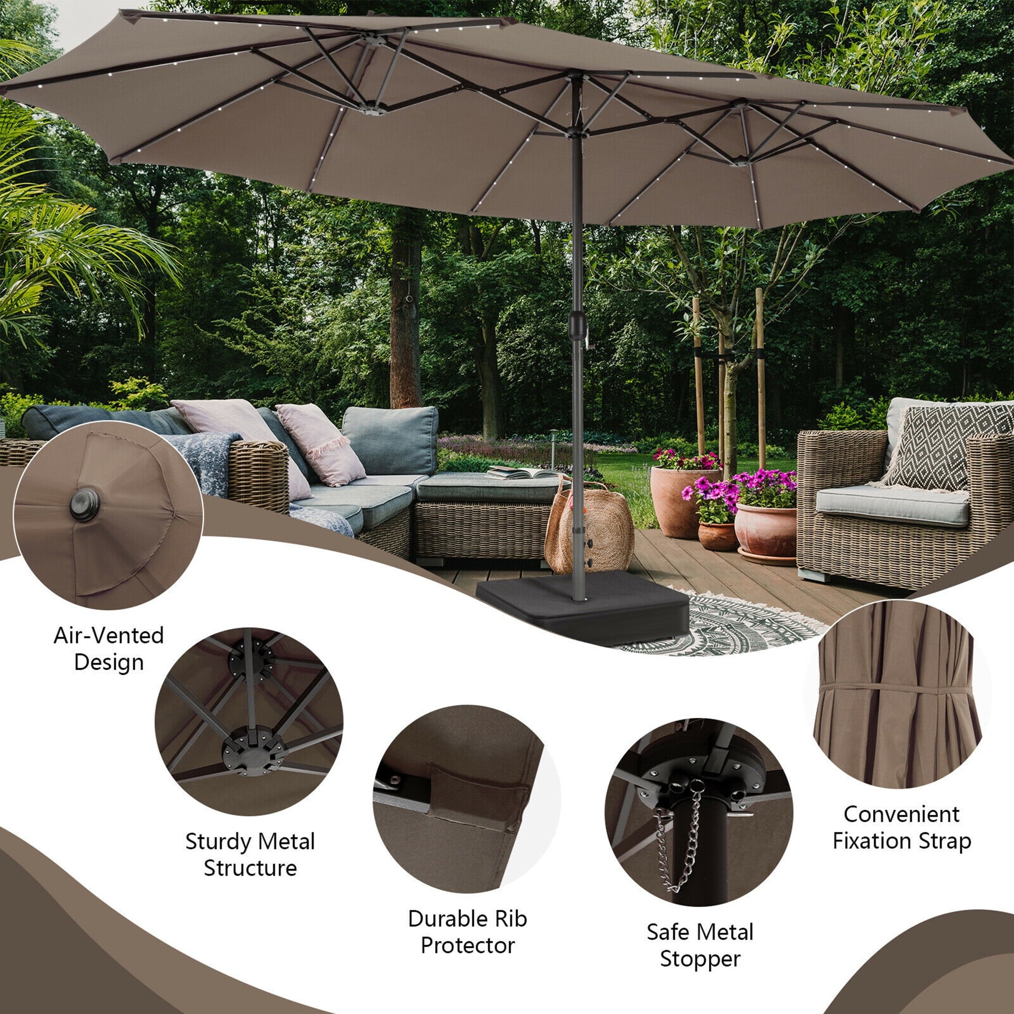 Gymax Outdoor 15' Double-Sided Patio Umbrella 48 Solar LED Lights Crank & Base Coffee
