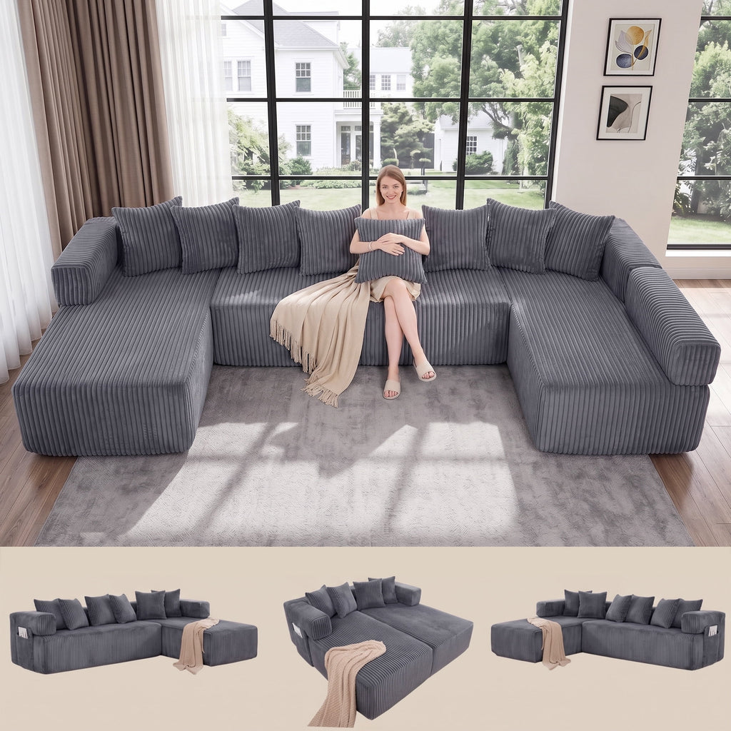 SOULART 138.5 U Shaped Sectional Couch,Gray Cloud Boneless Sofa For Living Room,Plush Corduroy Couches With Deep Seat Chaise Lounge,No Assembly Required