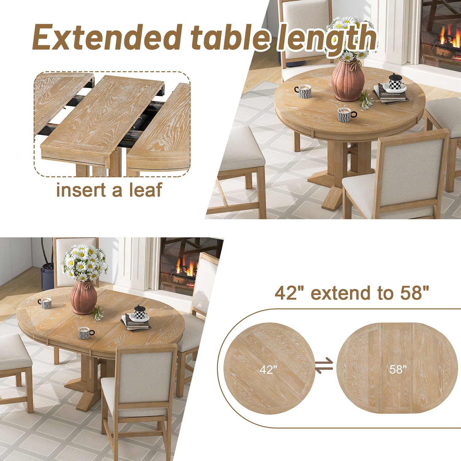 Harper & Bright Designs Farmhouse 5 Piece Kitchen Dining Table Set for 4, Solid Wood Extendable Round Dining Table Set and 4 Upholstered Chairs, Retro Dining Set for Kitchen, Natural Wood Wash
