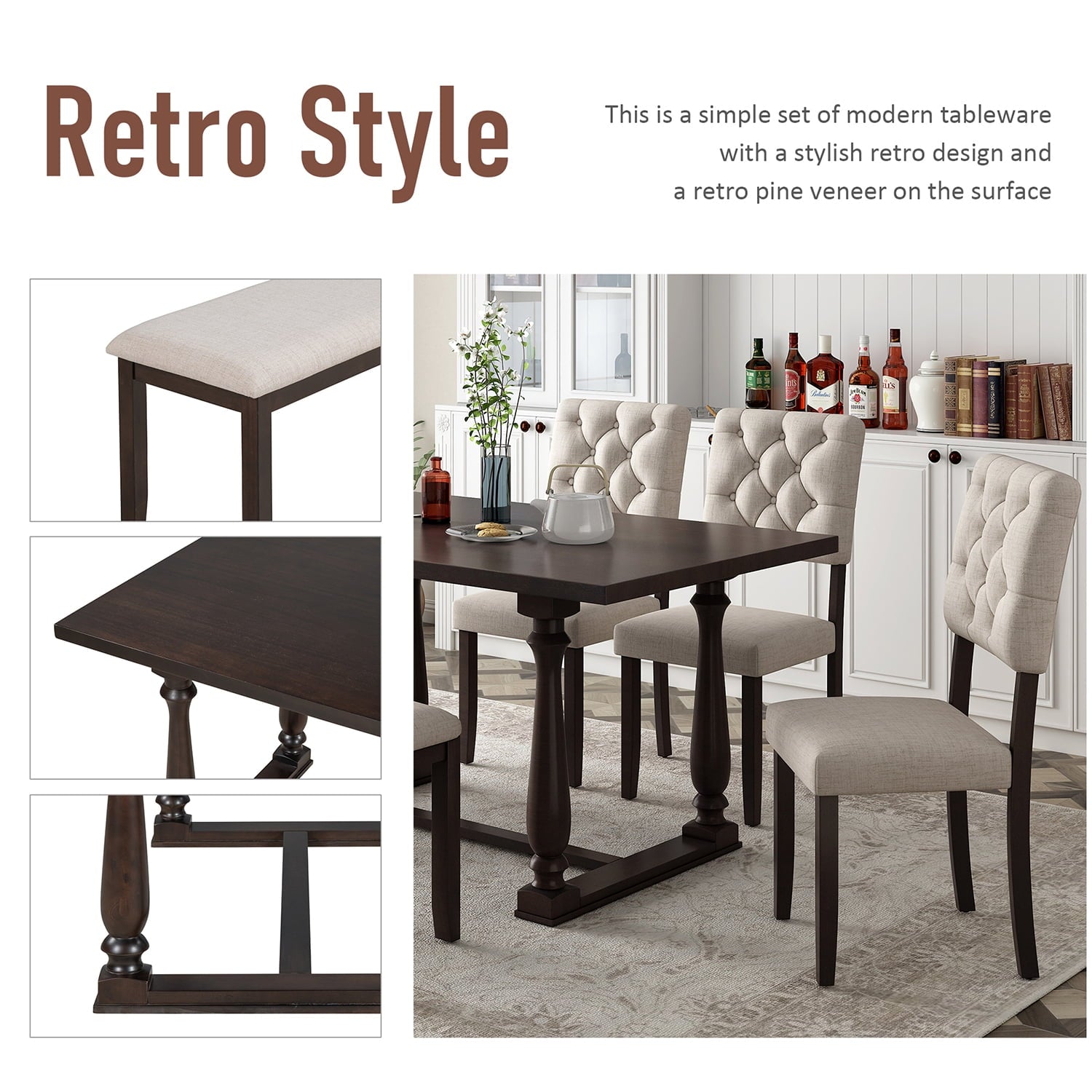 Harper & Bright Designs Dining Table Set for 6 with Bench Rectangular Table and 4 Upholstered Chairs for Kitchen, Gary