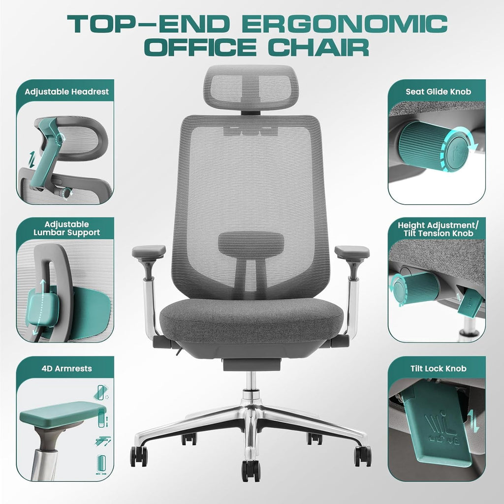 COLAMY ATLAS-01 Ergonomic Office Chair, High Back Office Executive Desk Chair, Mesh Office Chair Lumbar Support with Adjustable Headrest and 4D Arms, Slide Seat, Tilt Lock-Darkgrey