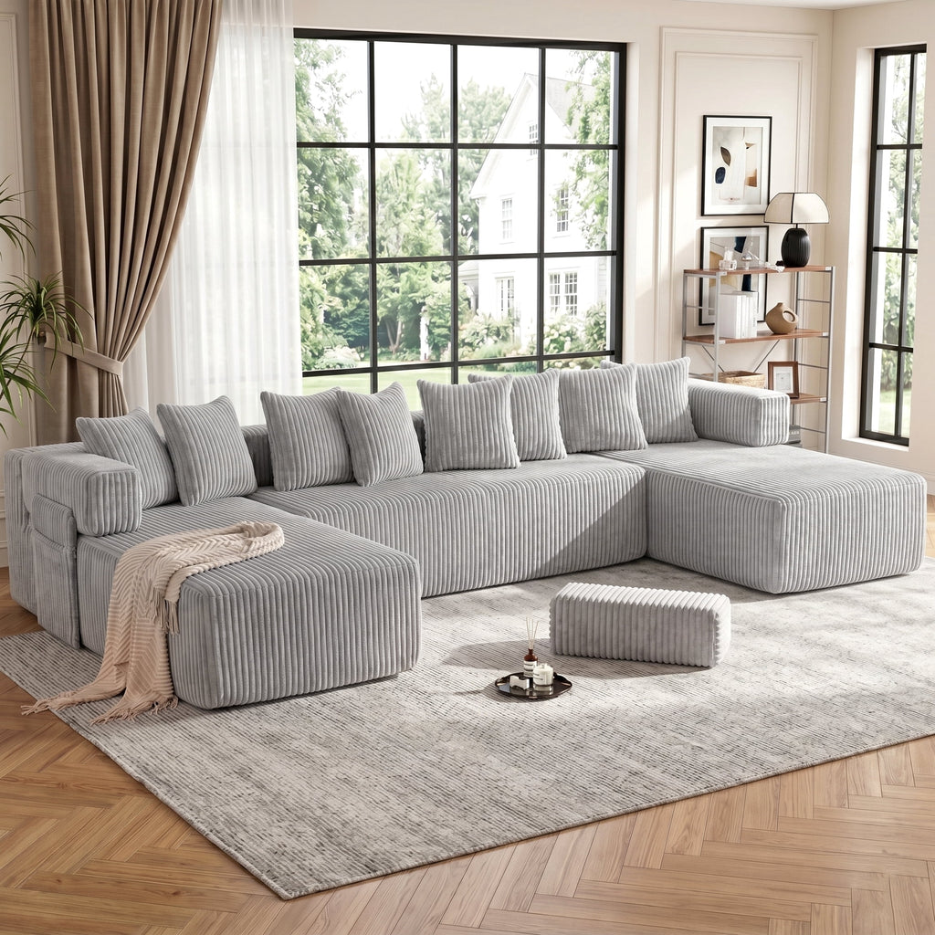 SOULART 138.5 U Shaped Sectional Couch,Gray Cloud Boneless Sofa For Living Room,Plush Corduroy Couches With Deep Seat Chaise Lounge,No Assembly Required