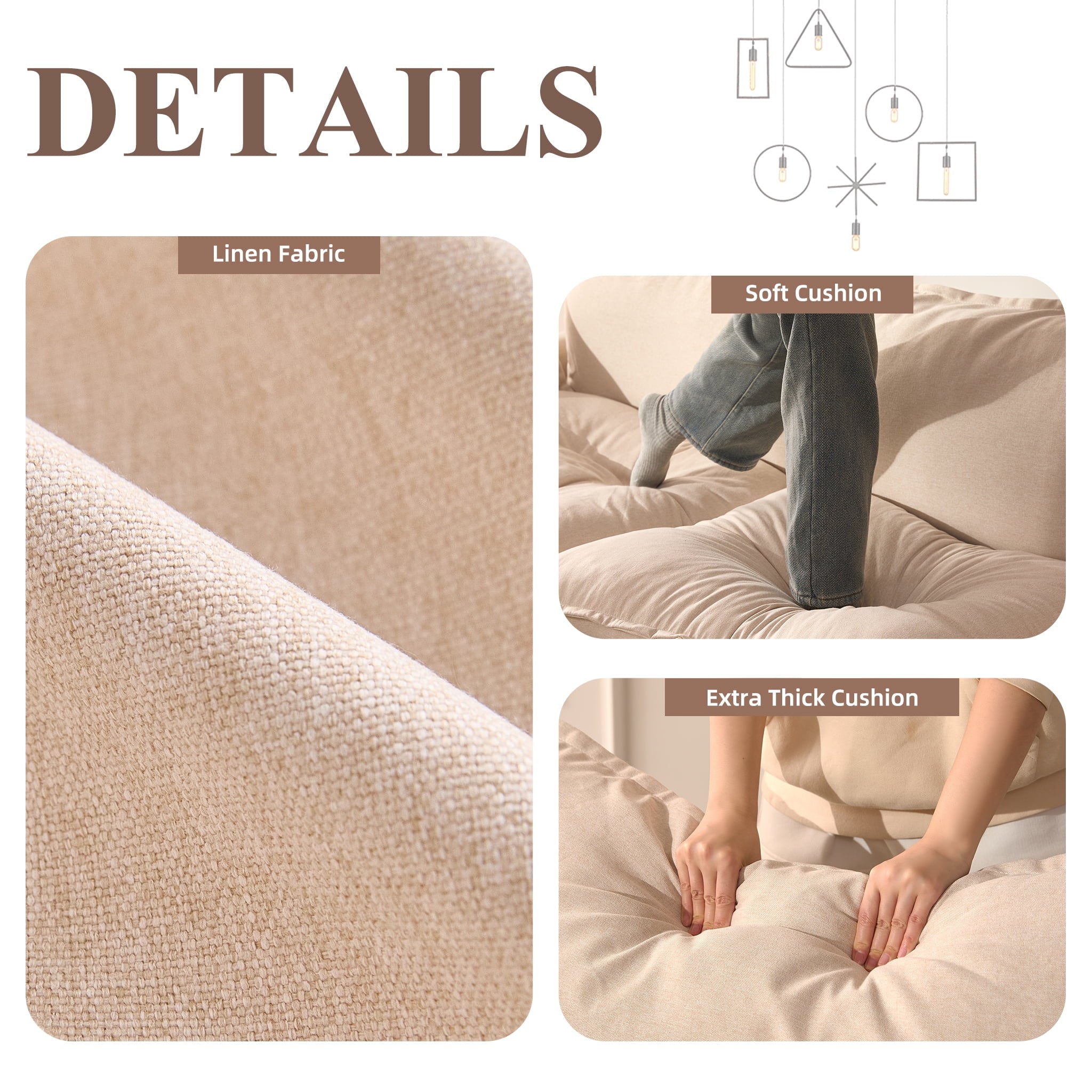 LAKPS 3-Seat Sectional Sofa Couch, Cloud-Style Deep Seating Sleeper Sofa with Included Throw Pillows, Linen Upholstery, Modern Living Room Sofa, Cream White