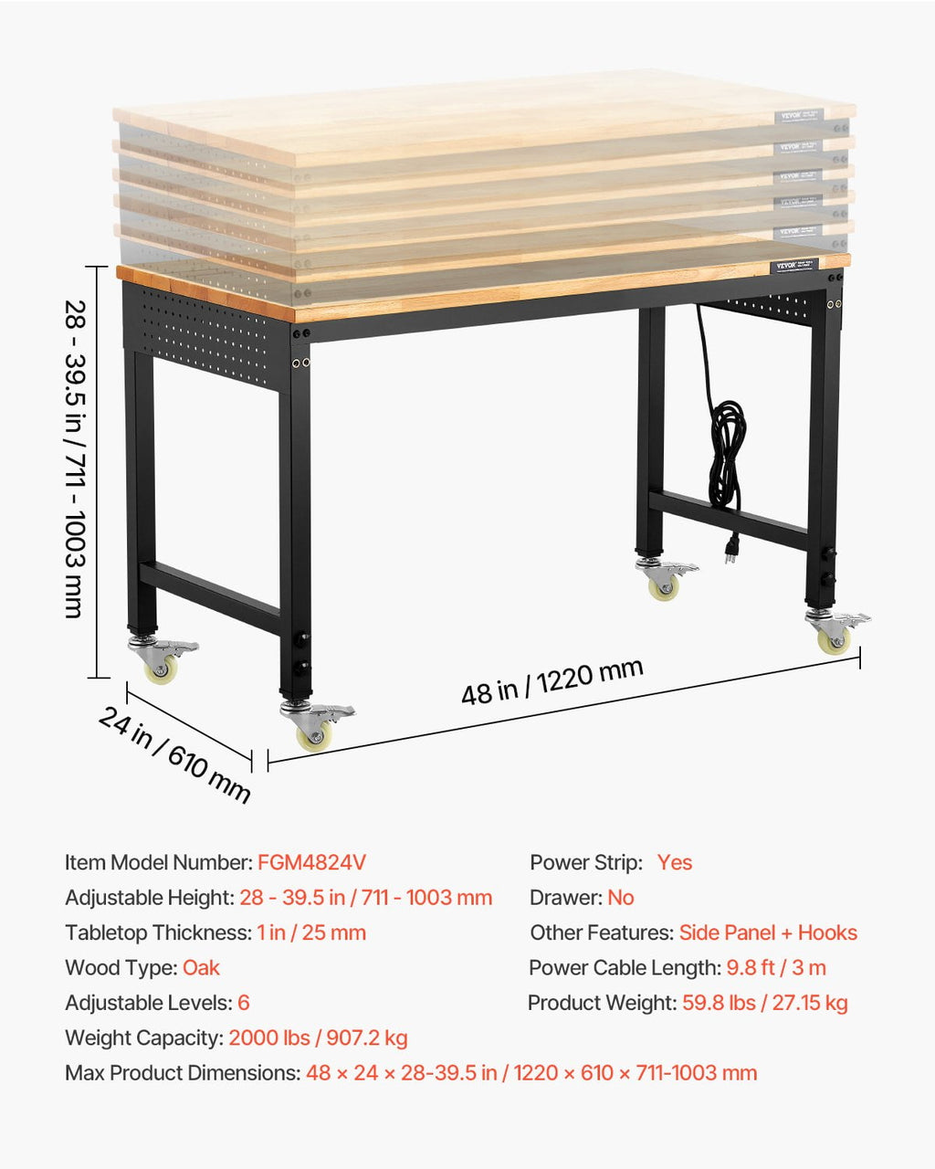 VEVOR 48-Inch Adjustable Workbench, 2000 lbs Load, Work Bench with Power Outlet, Wheels, and Pegboard, Heavy Duty Oak Wood Top Work Table for Garage, Workshop, Office, and Home
