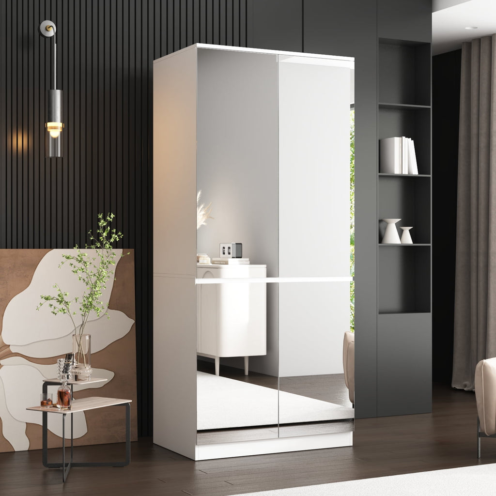 Wiawg 2 Door Wardrobe Armoire,Mirrored Closet Storage with Drawers and Shelves,White