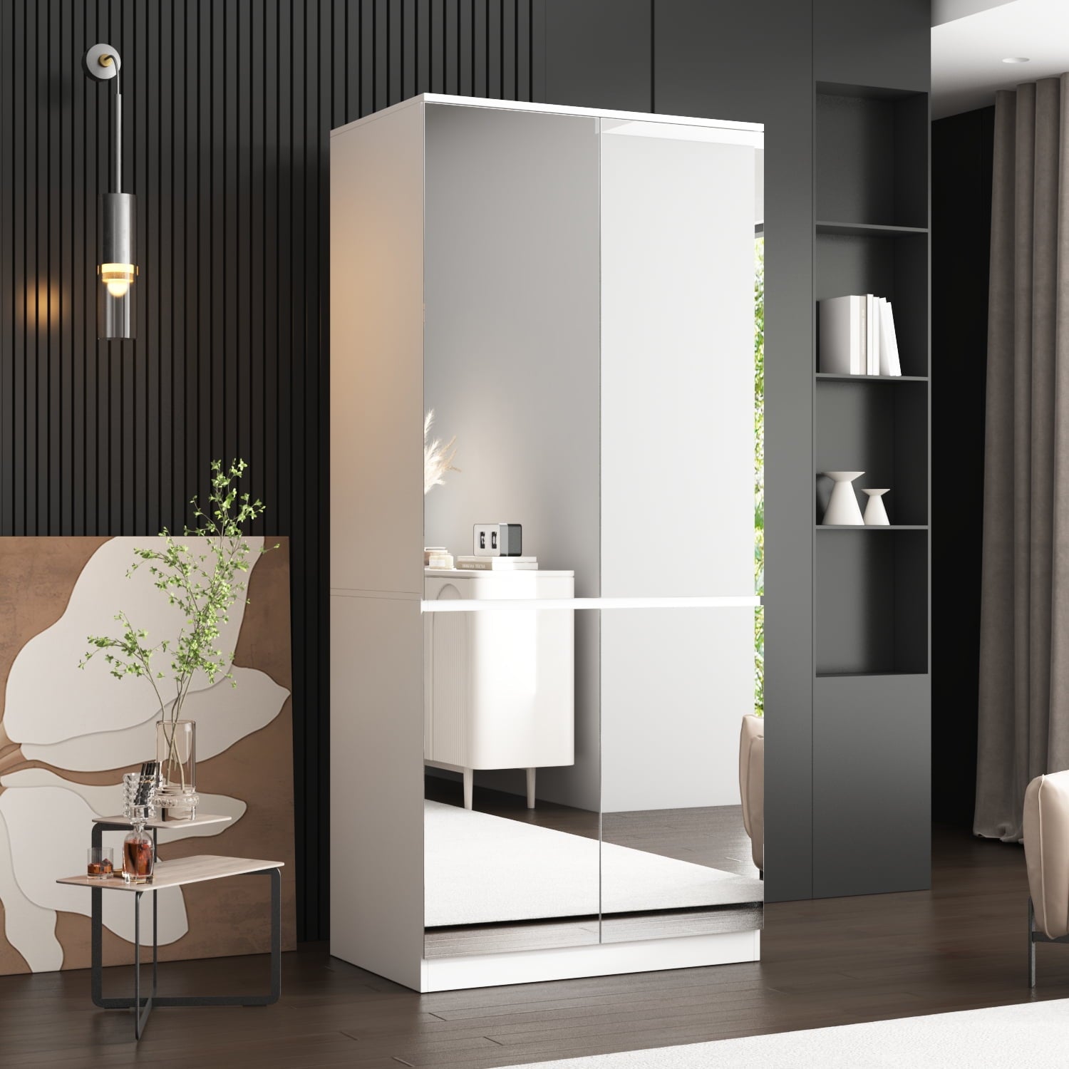 Wiawg 2 Door Wardrobe Armoire,Mirrored Closet Storage with Drawers and Shelves,White