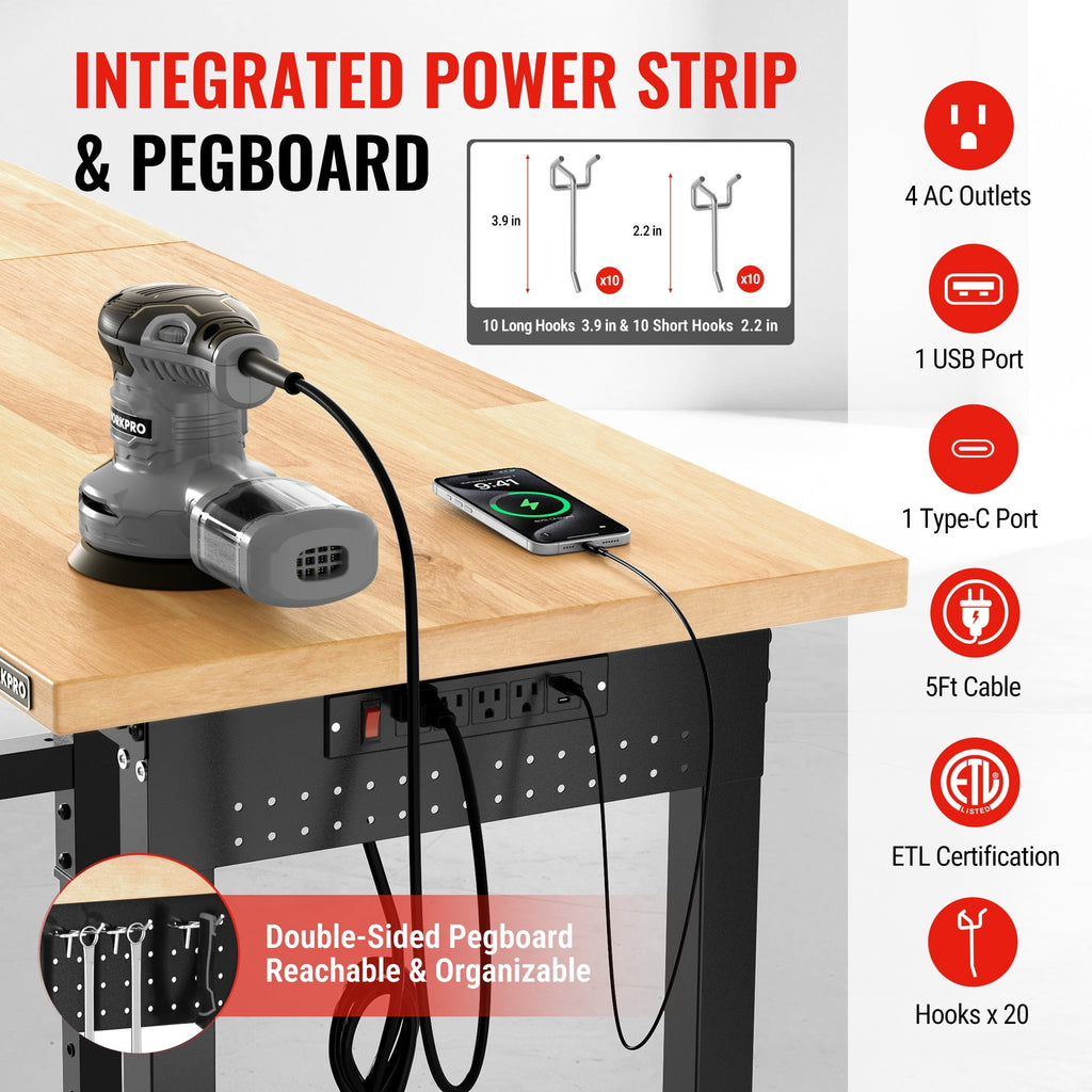 WORKPRO 96x24 Large Workbench with Adjustable Height and Power Outlet, 4000 LBS Load Capacity Heavy-Duty Work Table for Garage, Workshop, Home
