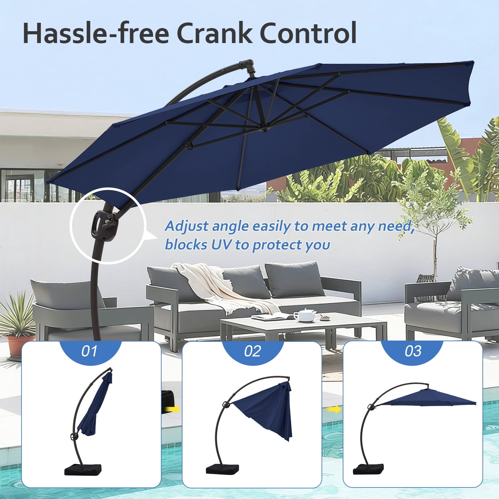 FUNDAZE 11ft Market Patio Umbrella with Base, Curved Cantilever Hanging Sun Shade with Crank & Tilt for Garden, Deck, Poolside,Beige