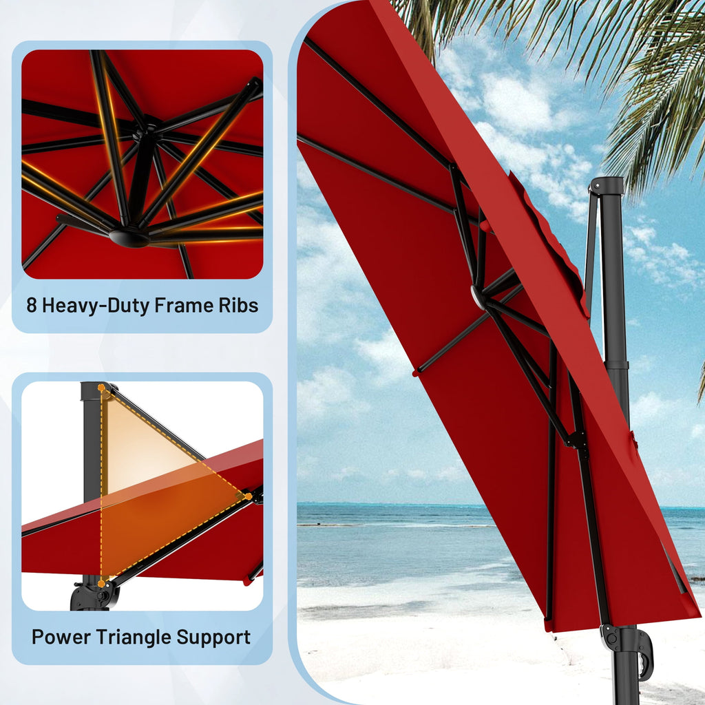 Easthome 10 × 10FT Square Cantilever Patio Umbrella, 360° Rotating Offset Umbrella with Crank, 8 ribs, Outdoor Hanging Roman Umbrella for Garden Deck Backyard, Red
