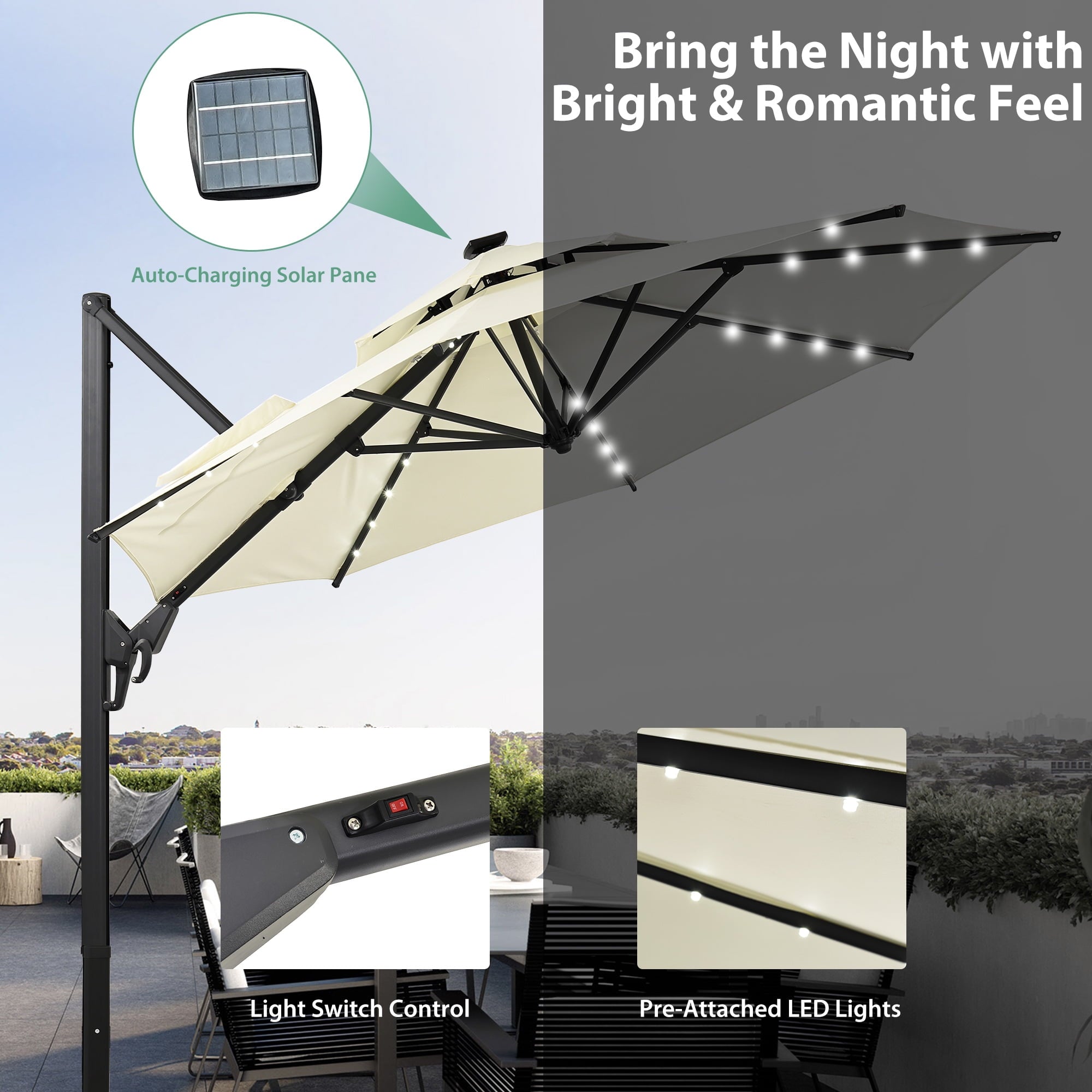 Ainfox 10ft Double Top Heavy-Duty Patio Cantilever Umbrella with lights and Cross Base, Outdoor Large Offset Hanging Aluminum Rotation Sun Shade Solar Umbrella with 360°Rotation Adjustable,Khaki
