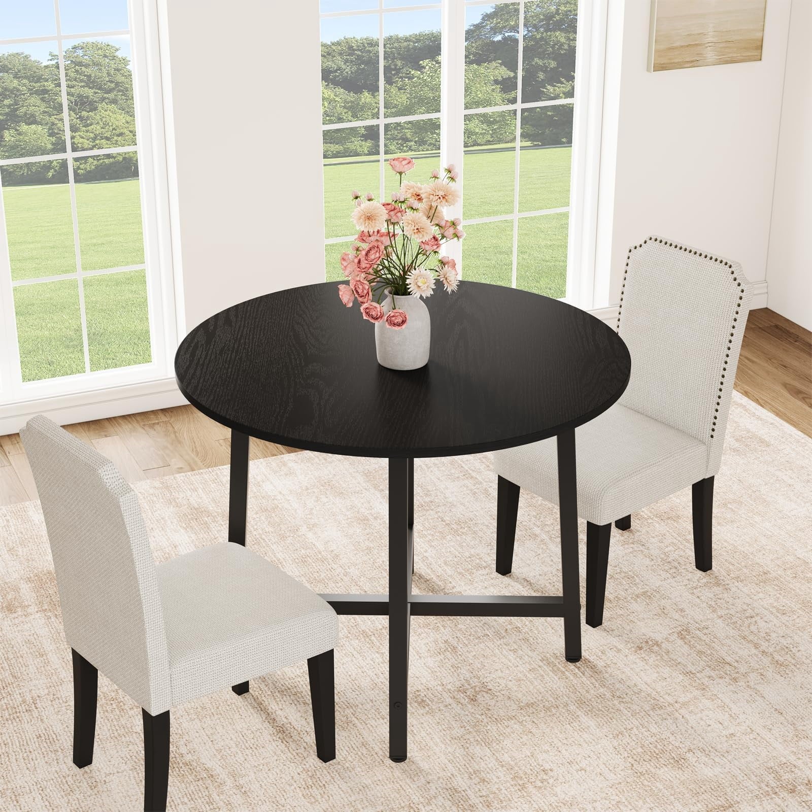 31.5 Round Dining Table for 4 People, Modern Wood Circle Kitchen Table with Sturdy Industrial Metal Frame, Small Space Saving Dining Room Table for Apartment & Breakfast Nook, (No Chairs), Walnut