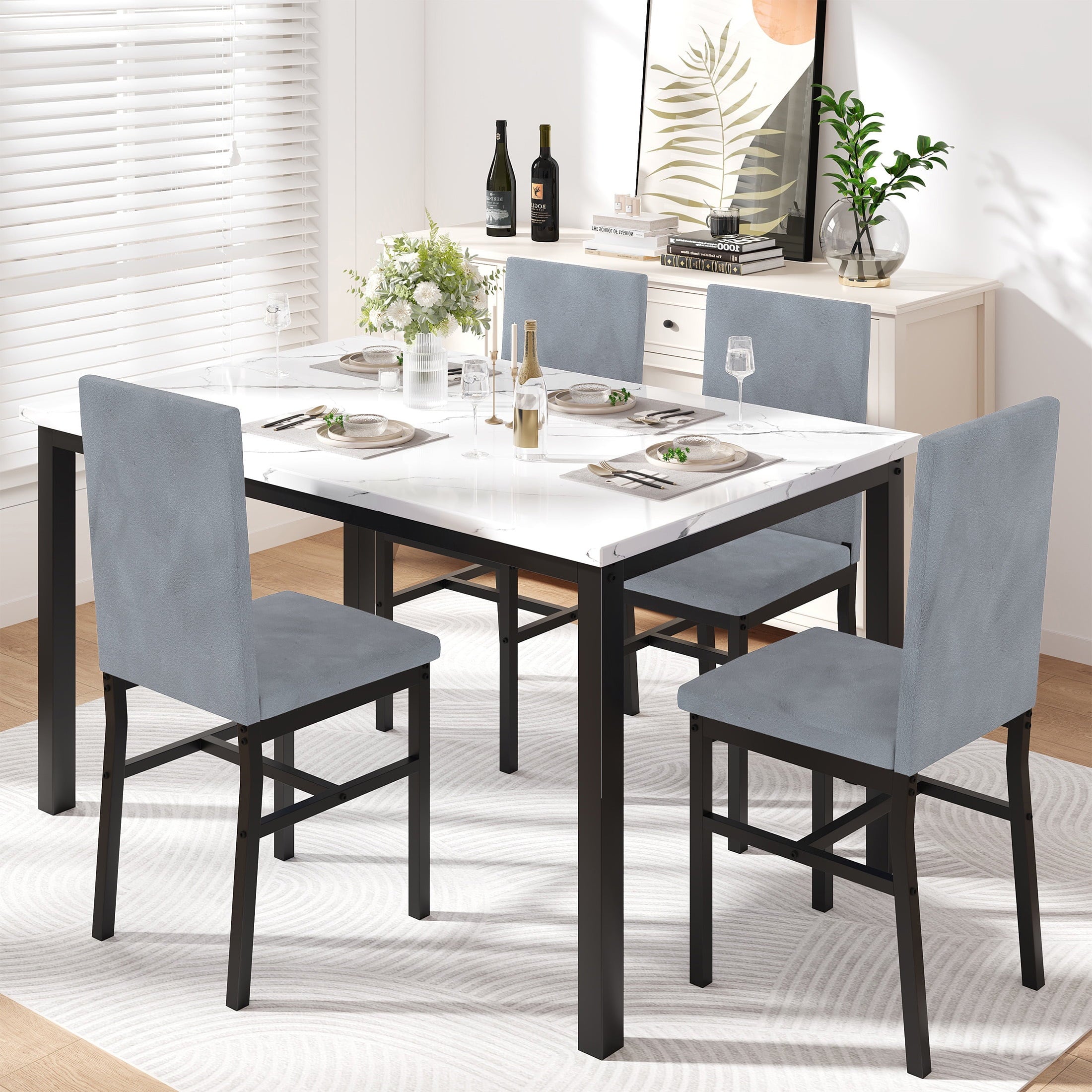 UHOMEPRO Dining Table Set for 4, 5 Piece Dining Room Table Set with Gray Velvet Upholstered Chairs, White Faux Marble Pattern Rectangle Kitchen Table Set for Breakfast Nook Small Space