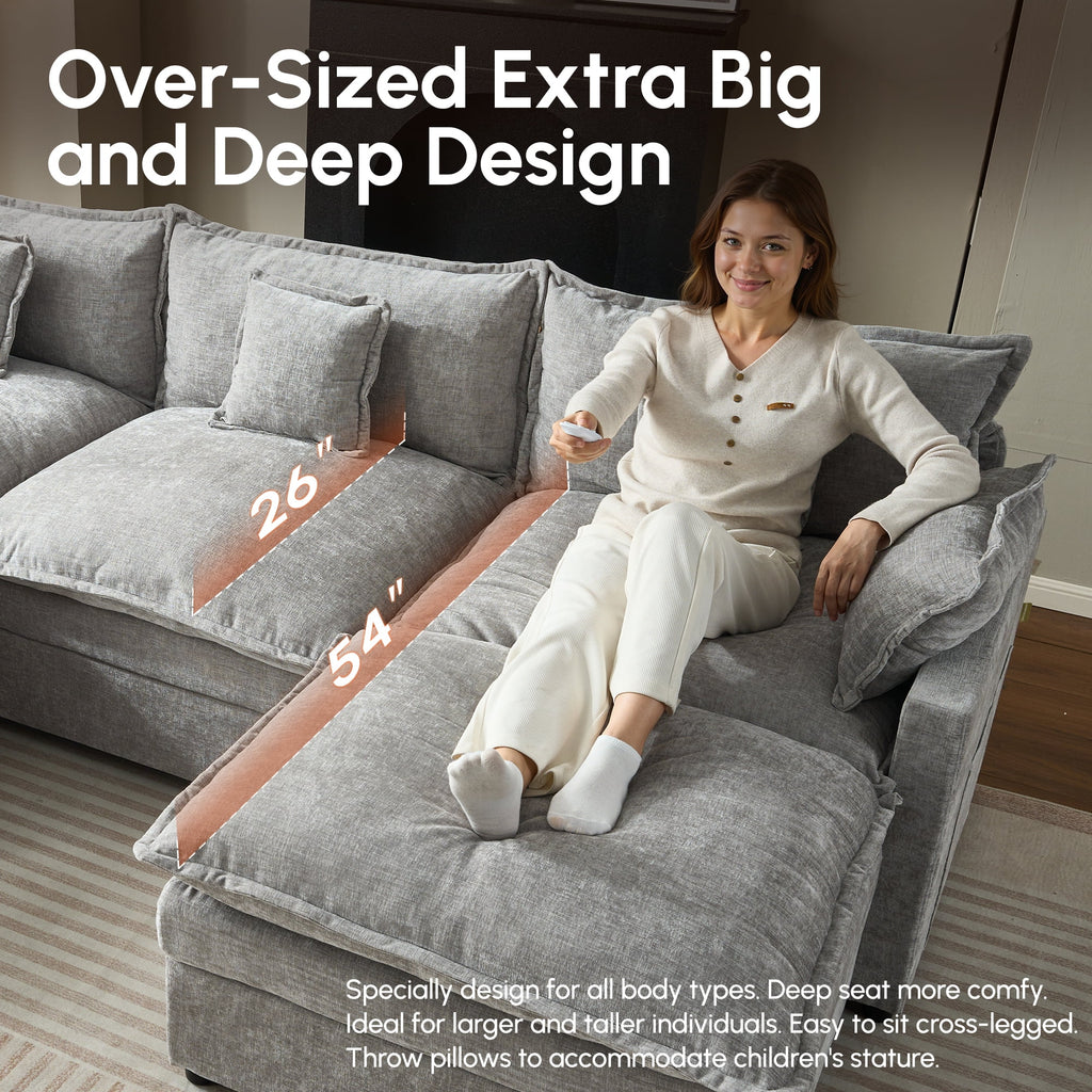 Ovios 108 Modular Sectional Sofa U-Shaped Cloud Couch with 2 Ottomans, Comfy Living Room Furniture, Chenille, Dark Blue