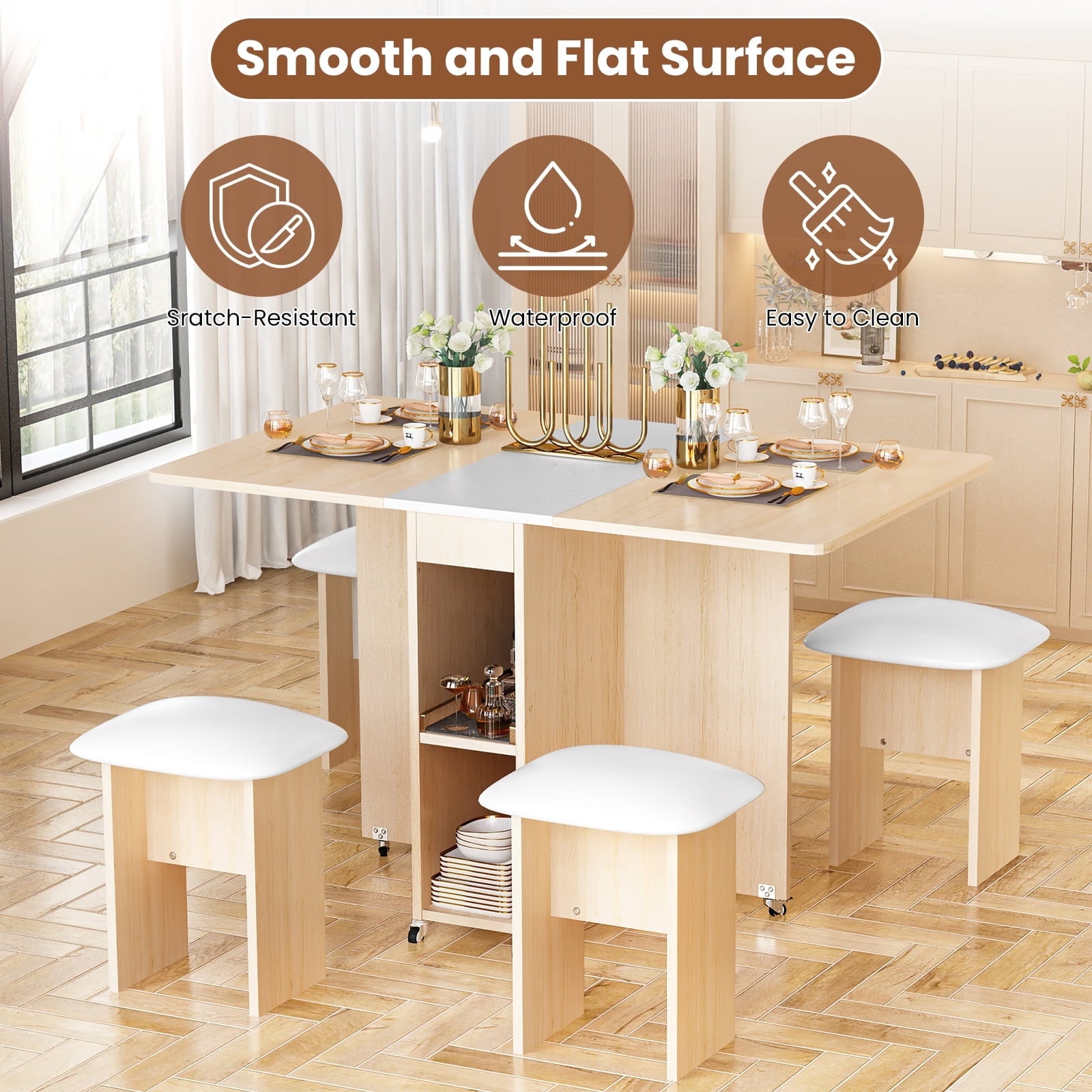 MIERES Folding Dining Table Set for 4, Dinner Table with 4 Leather Chairs and Shelves, Space Saving Foldable Dining Table with 6 Wheels, Kitchen Table for Small Spaces (Grey)