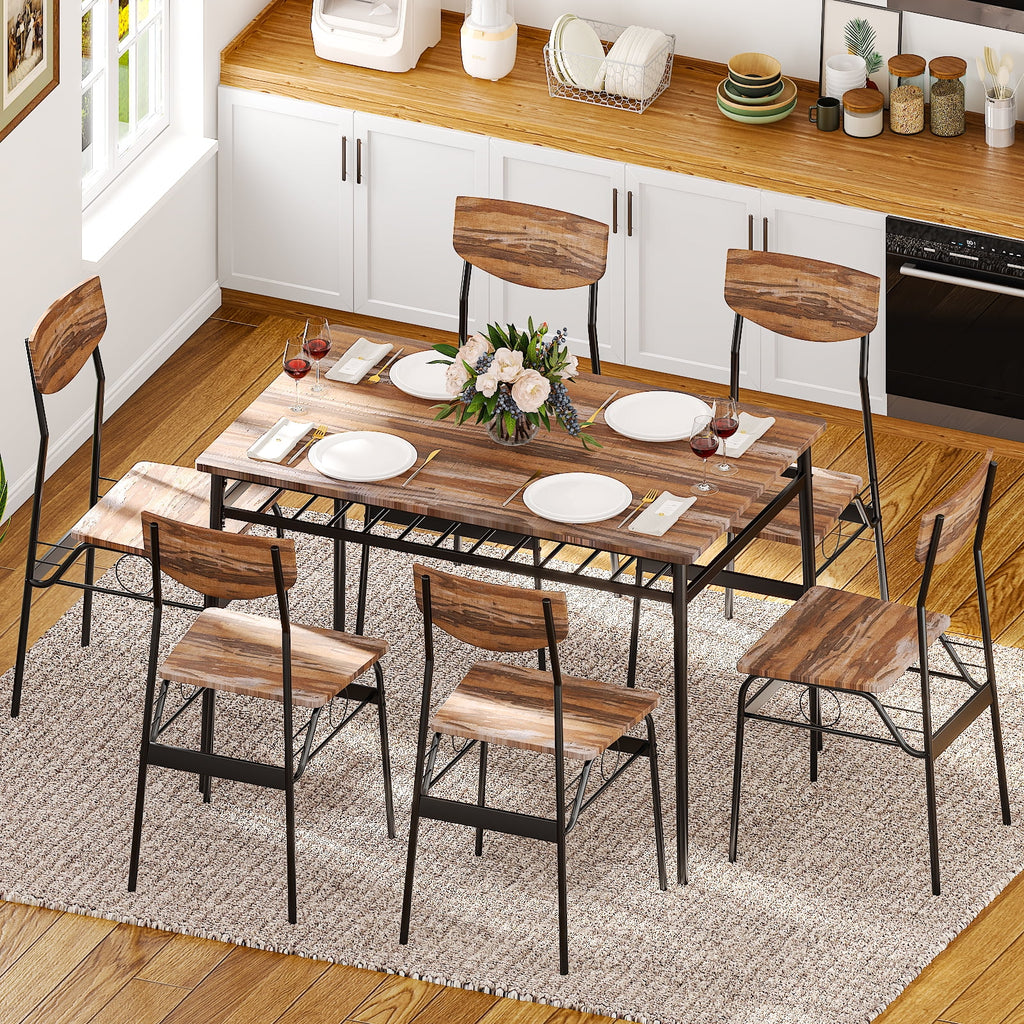 Ktaxon Dining Table Set for 4/6 with Storage Racks, Dining Room Table Set for 4/6 Modern Design, Kitchen Table and Chairs for Home Kitchen, Natural Wood