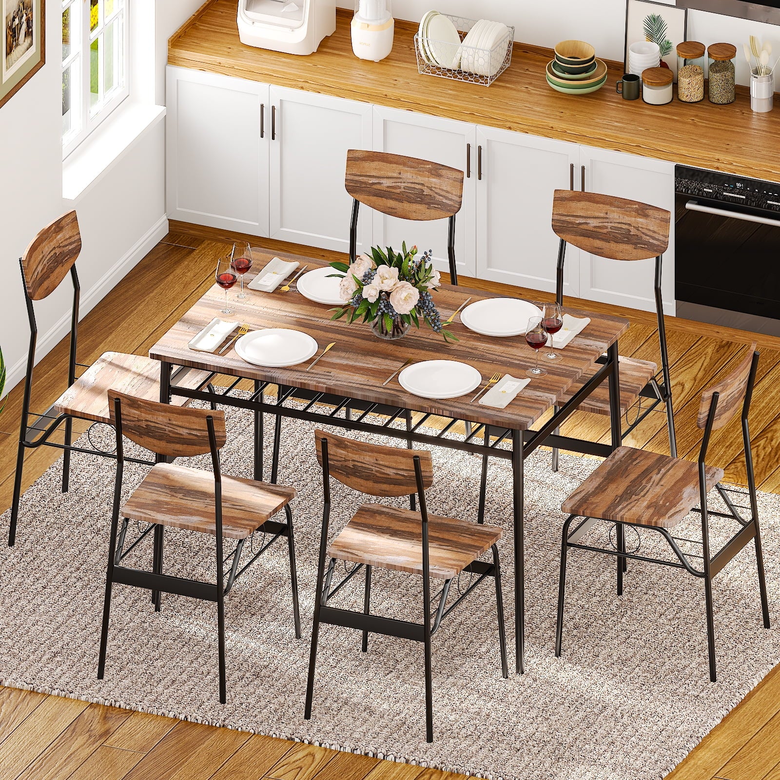 Ktaxon Dining Table Set for 4/6 with Storage Racks, Dining Room Table Set for 4/6 Modern Design, Kitchen Table and Chairs for Home Kitchen, Natural Wood