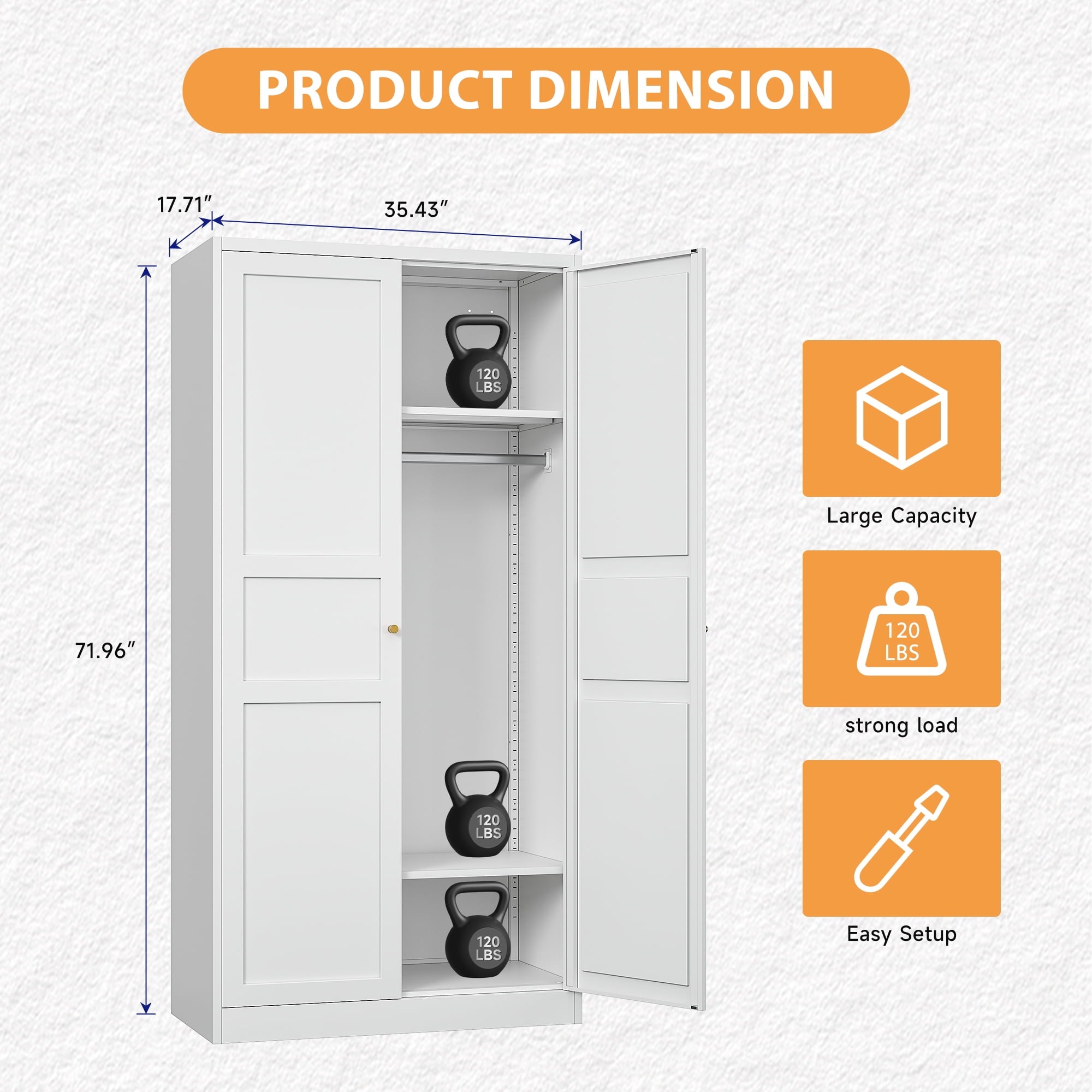 STANI Metal Wardrobe Closet with Hanging Rod, 72 White Armoire Wardrobe Cabinet with Adjustable Shelves, Clothes Storage Organizer Cabinets for Bedroom, Bathroom, Office