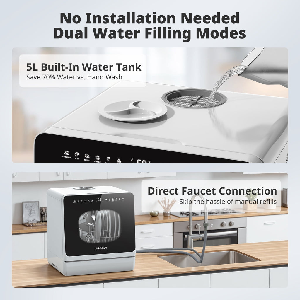 AIRMSEN Countertop Dishwasher with Salt Chamber, Portable Mini Dishwasher with 5L Built-in Water Tank, 18H Delay Start & ECO Mode, Ideal for Apartments & RVs, TDQR09