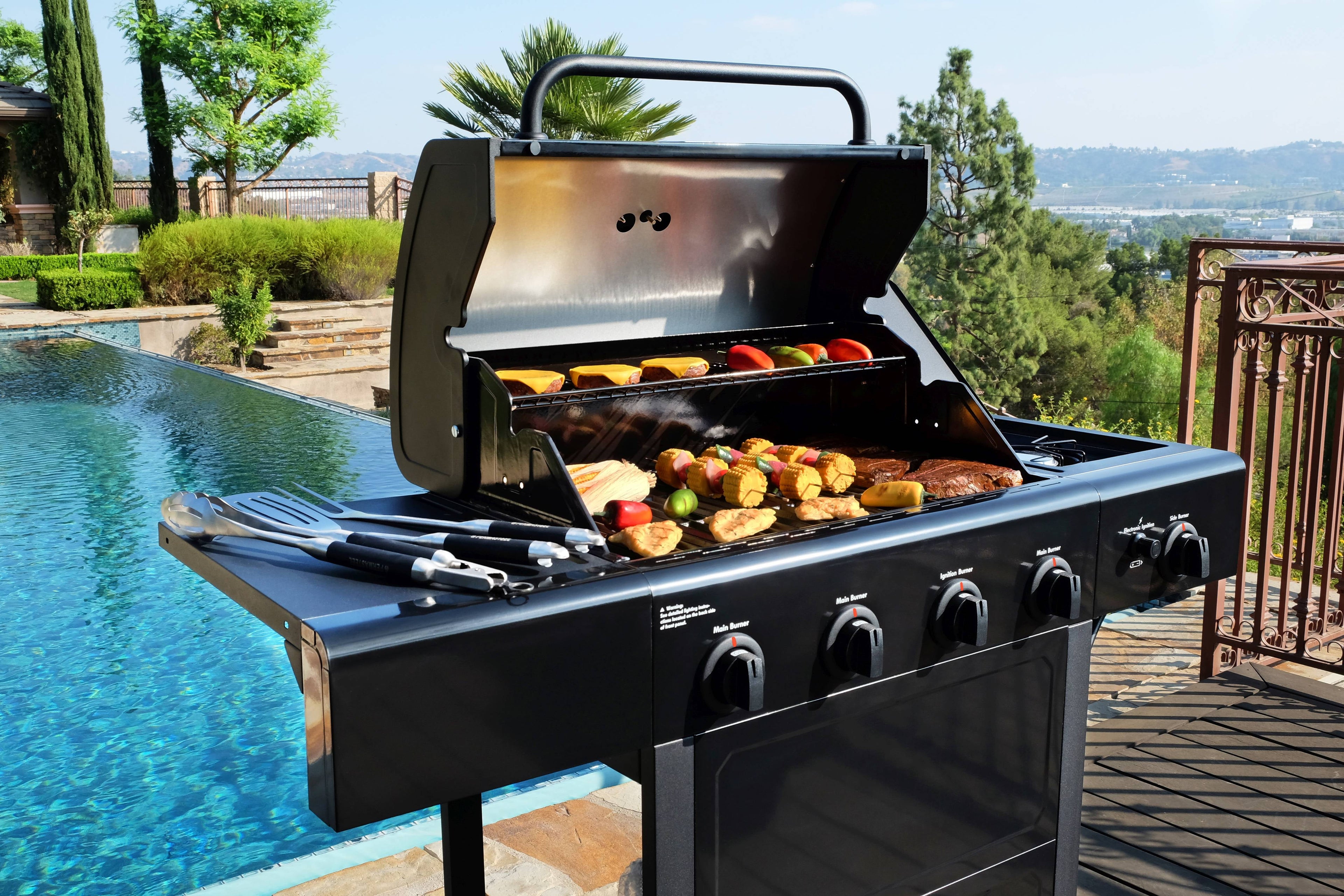 Kenmore 4-Burner Outdoor Propane Gas Grill with Side Burner, Open Cart, Stainless Steel