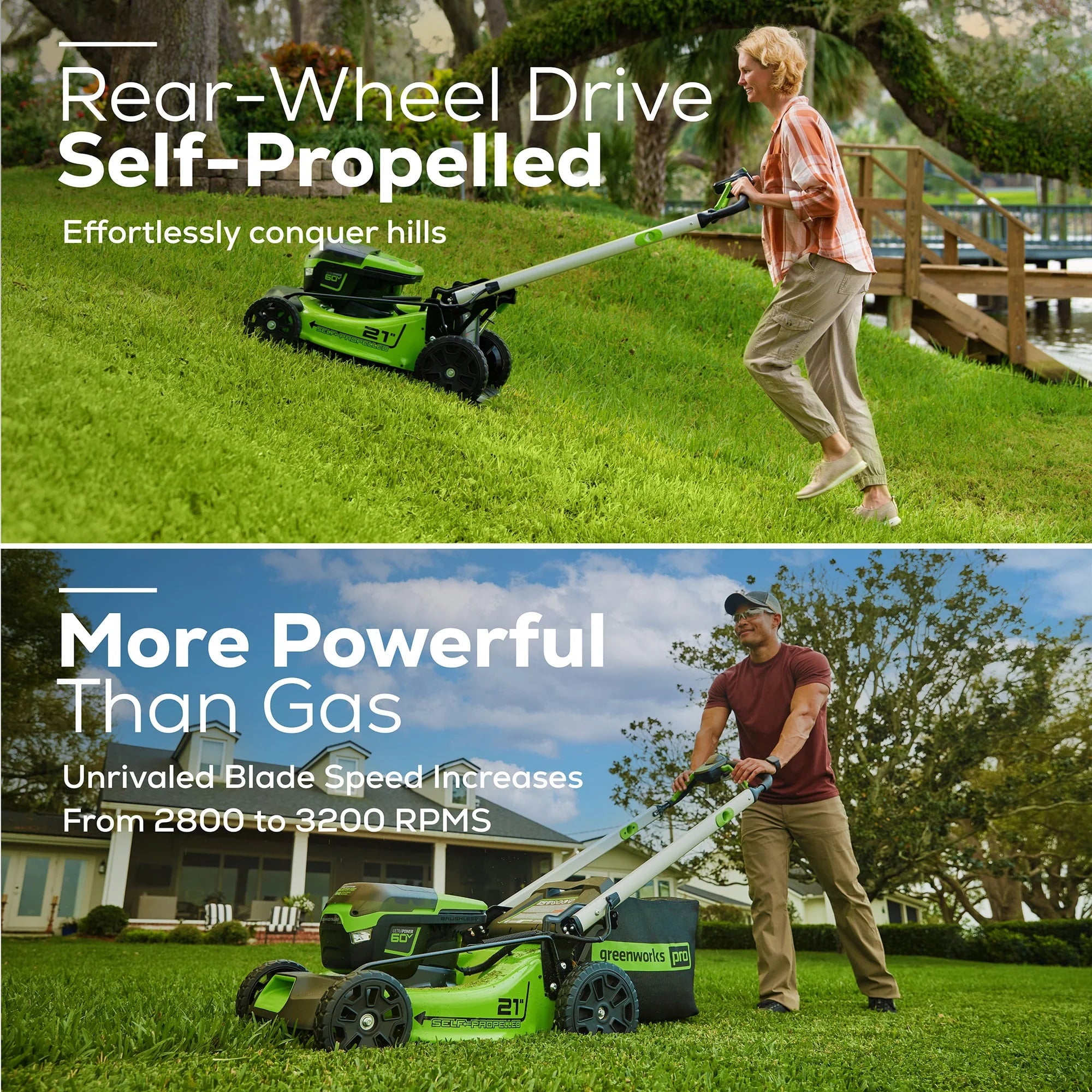 Greenworks 60V 21 Brushless Self-Propelled Battery Powered Lawn Mower + (2) 4.0Ah Batteries & Dual Port Charger