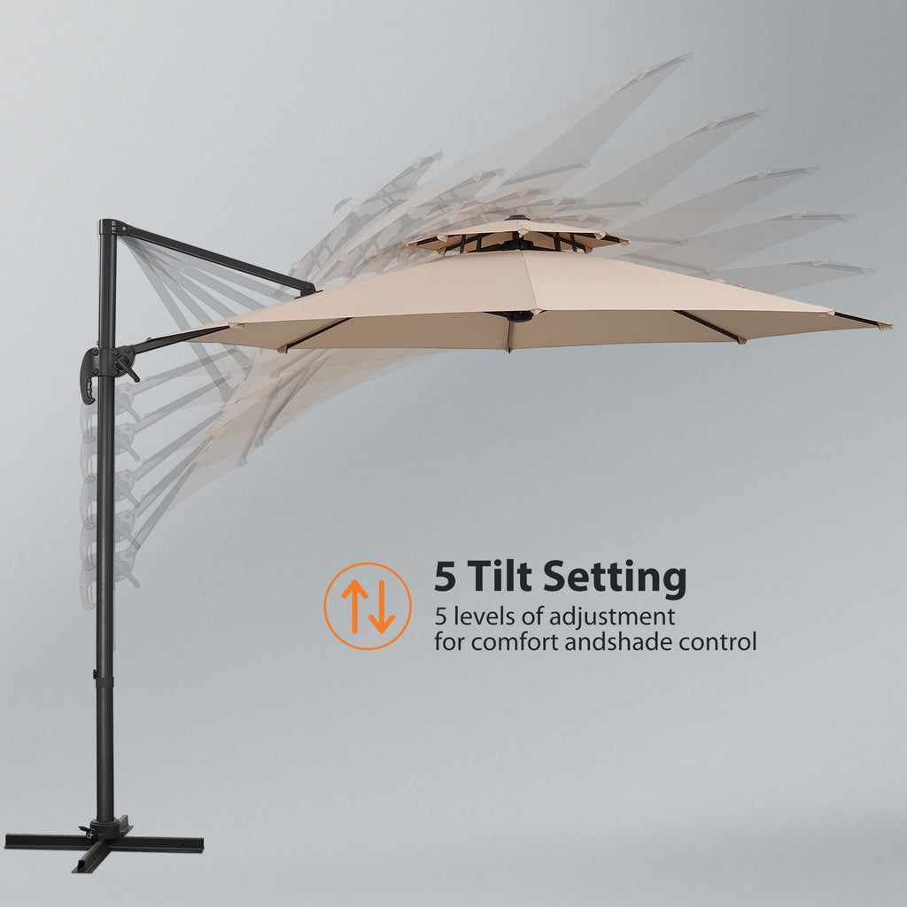 Ainfox 10ft Double Top Heavy-Duty Patio Cantilever Umbrella with lights and Cross Base, Outdoor Large Offset Hanging Aluminum Rotation Sun Shade Solar Umbrella with 360°Rotation Adjustable,Khaki