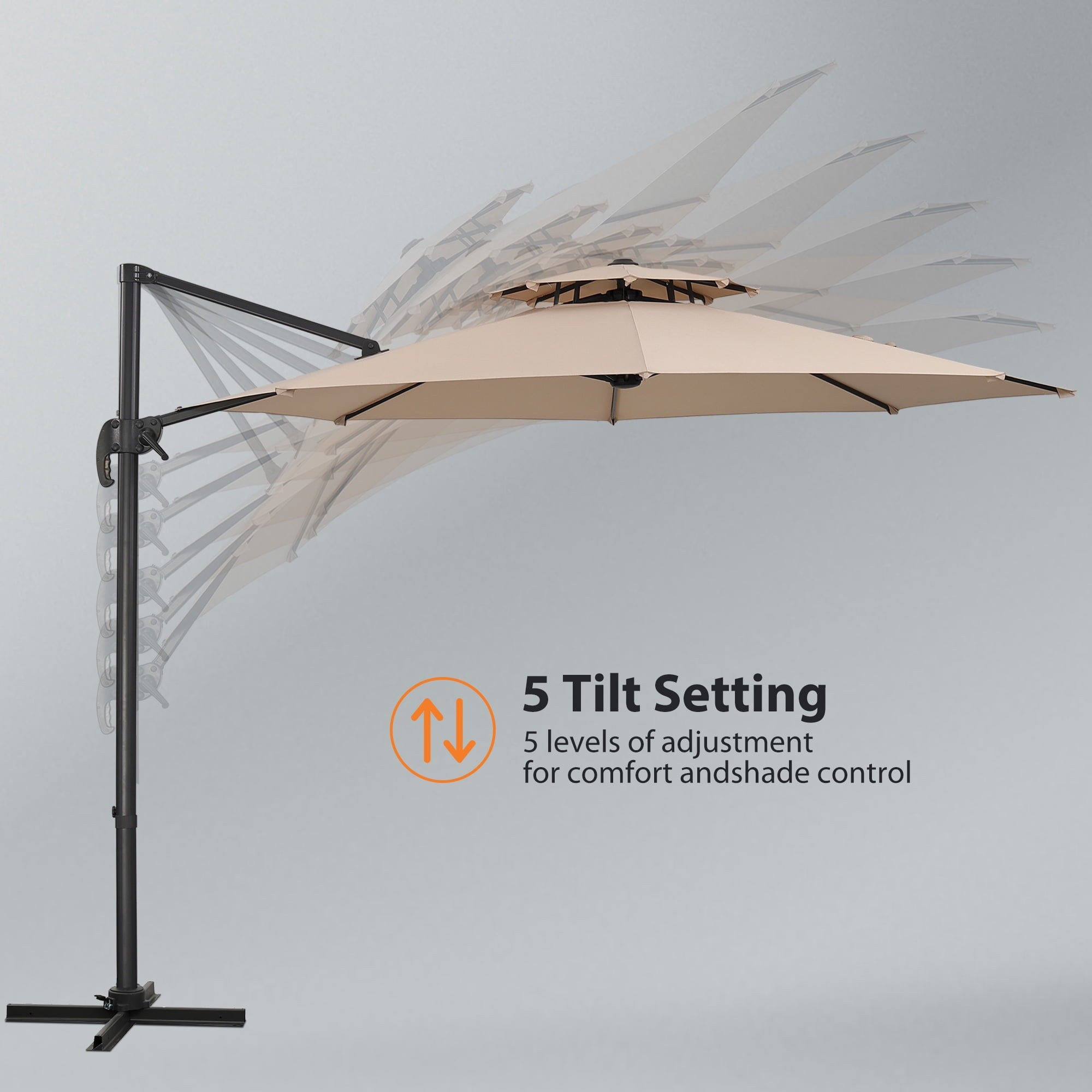 Ainfox 10ft Double Top Heavy-Duty Patio Cantilever Umbrella with lights and Cross Base, Outdoor Large Offset Hanging Aluminum Rotation Sun Shade Solar Umbrella with 360°Rotation Adjustable,Khaki