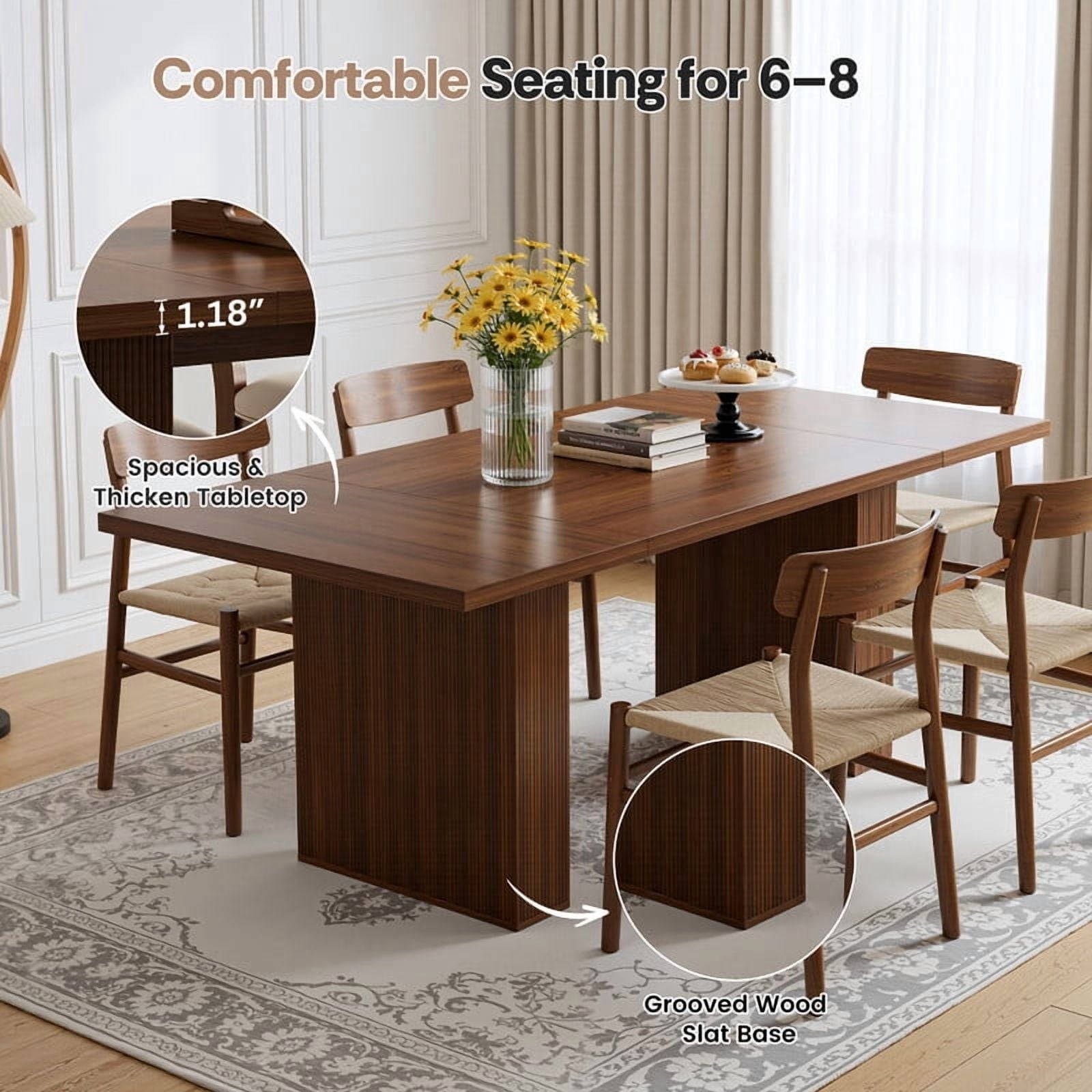 Hawsaiy Dining Table Set for 4, 78 Farmhouse Dining Table with 4 Upholstered Dining Chairs, Large Kitchen Table Set with Modern Shell Back Chairs & Metal Legs for Dining Room(Walnut + Black)
