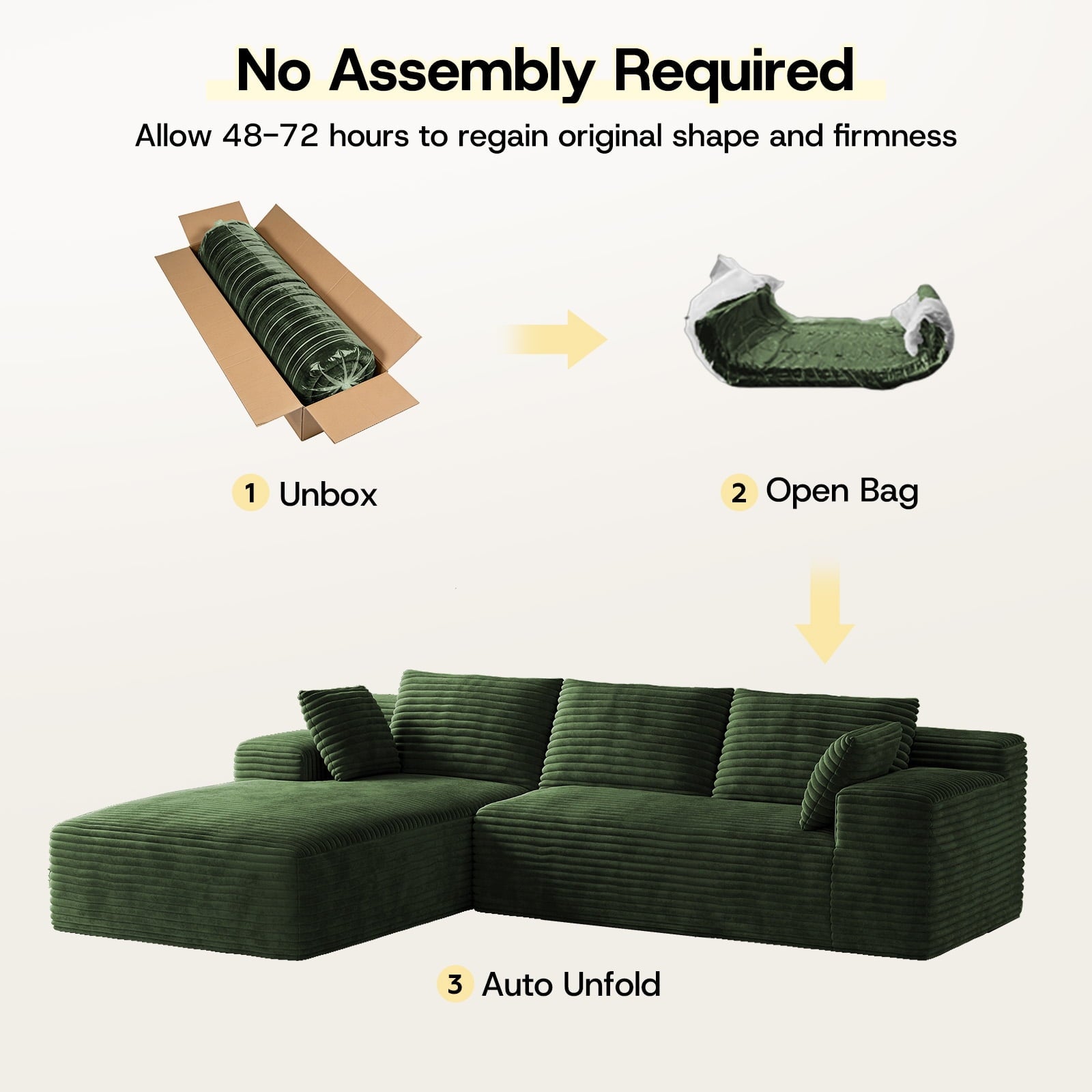 Patbrela 106 Sectional Couch for Living Room, L-Shaped Boneless Cloud Couch Corduroy Modern Sectional Sofa with Deep Seat and Thickened Cushion, No Assembly Required, Black