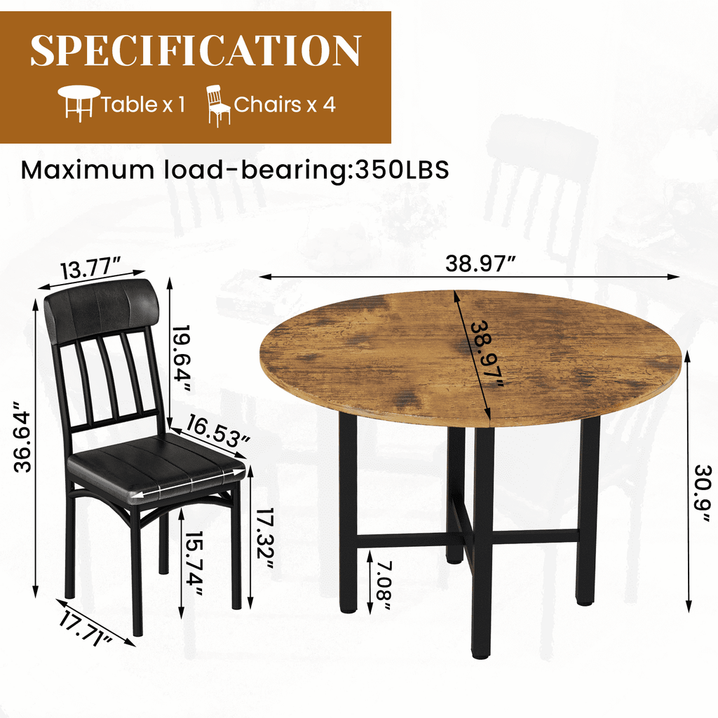 Lamerge Round Dining Table Set for 4,Wood Round Kitchen Table and Chairs Set for 4,Modern Dining Room Table Set with 4 Faux Leather Chairs,Round Dinner Table for Small Space,Brown