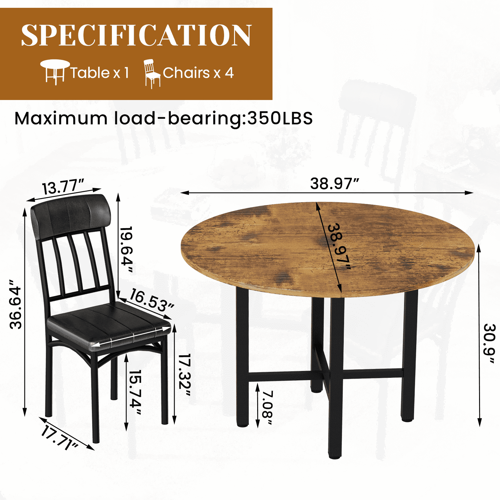 Lamerge Round Dining Table Set for 4,Wood Round Kitchen Table and Chairs Set for 4,Modern Dining Room Table Set with 4 Faux Leather Chairs,Round Dinner Table for Small Space,Brown