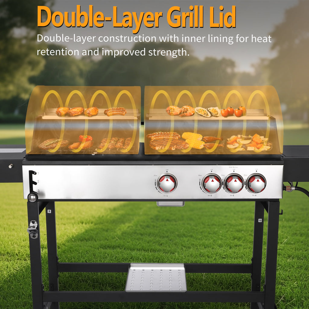 3 Burner Gas & Charcoal Combo Grill with Side Burner, Outdoor BBQ Propane Grill, 673 Sq. In. Cast Iron Grates & Reversible Griddle, 37200 BTU Stainless Steel Lid for Backyard Cooking